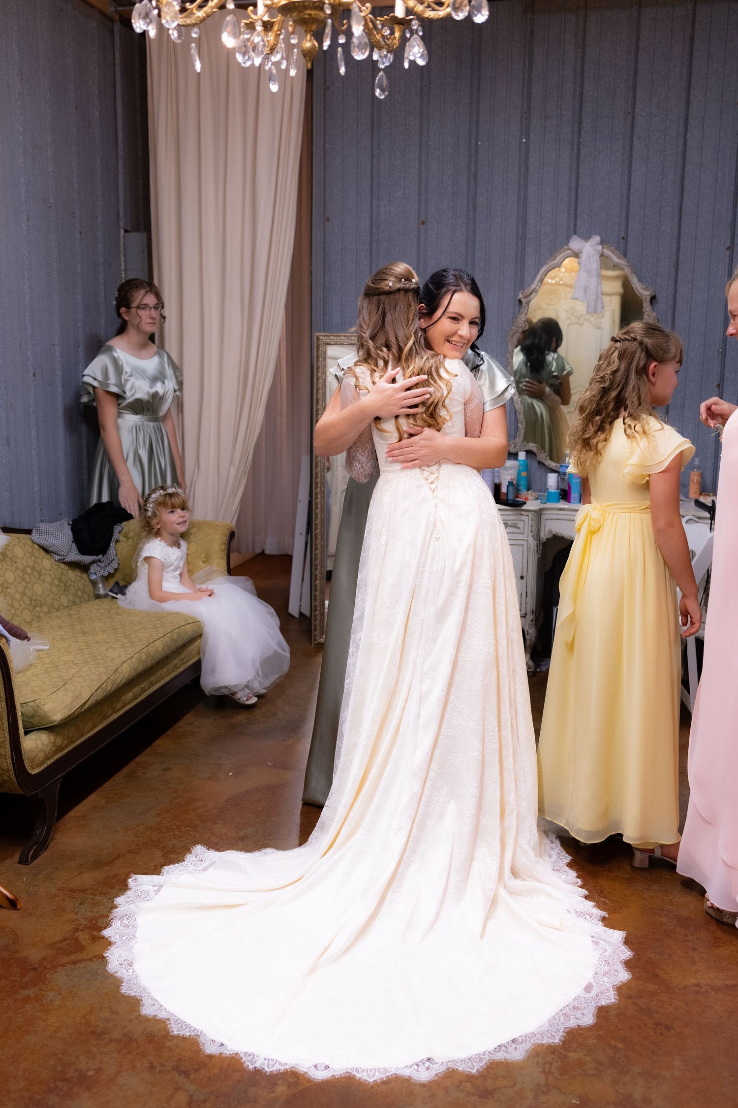 Bride first look with sister at wedding venue Dalrymple Farms Enterprise, Alabama