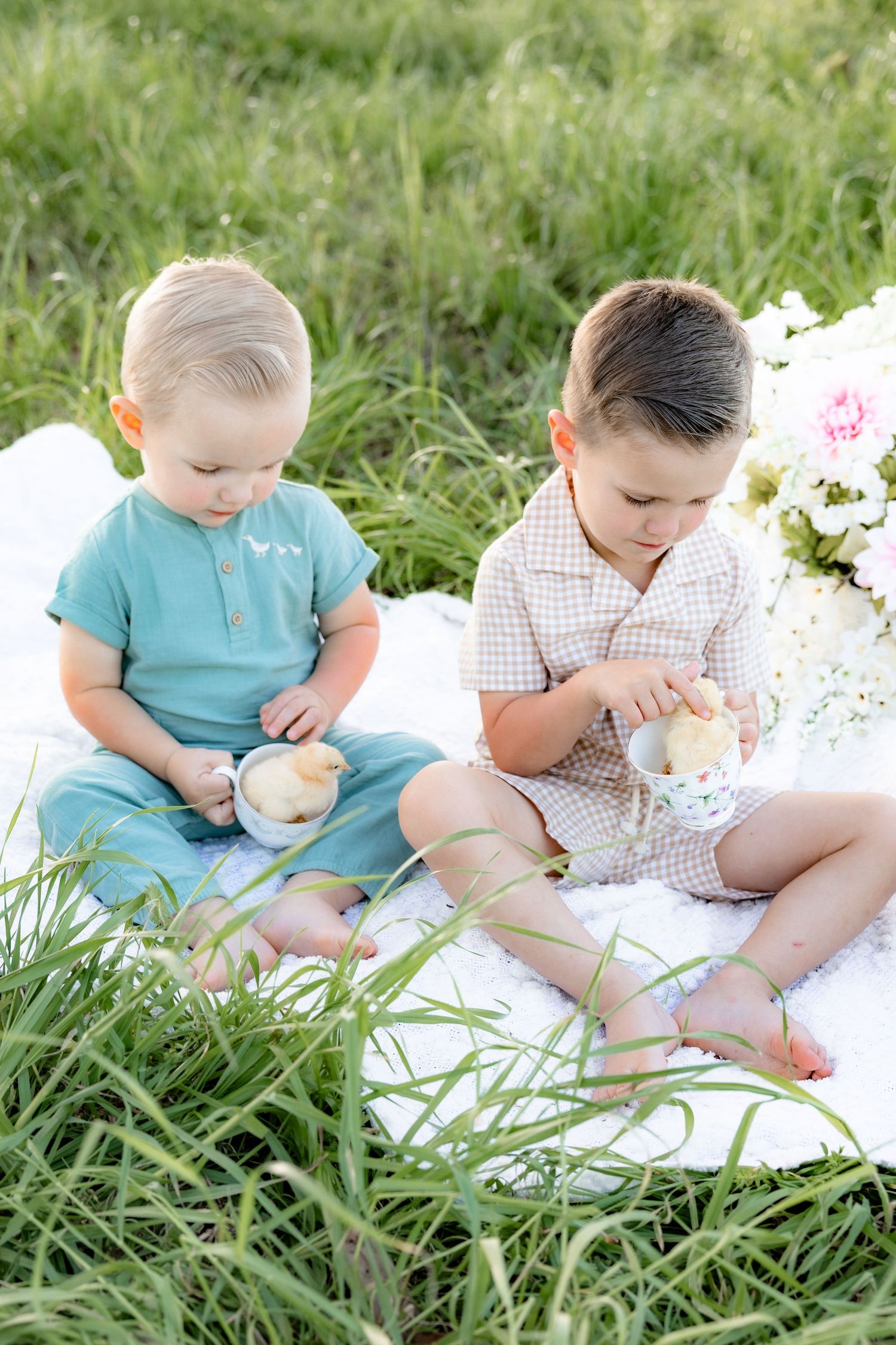 Spring Mini Session with baby chicks in a grass field at sunset near Dothan, Alabama