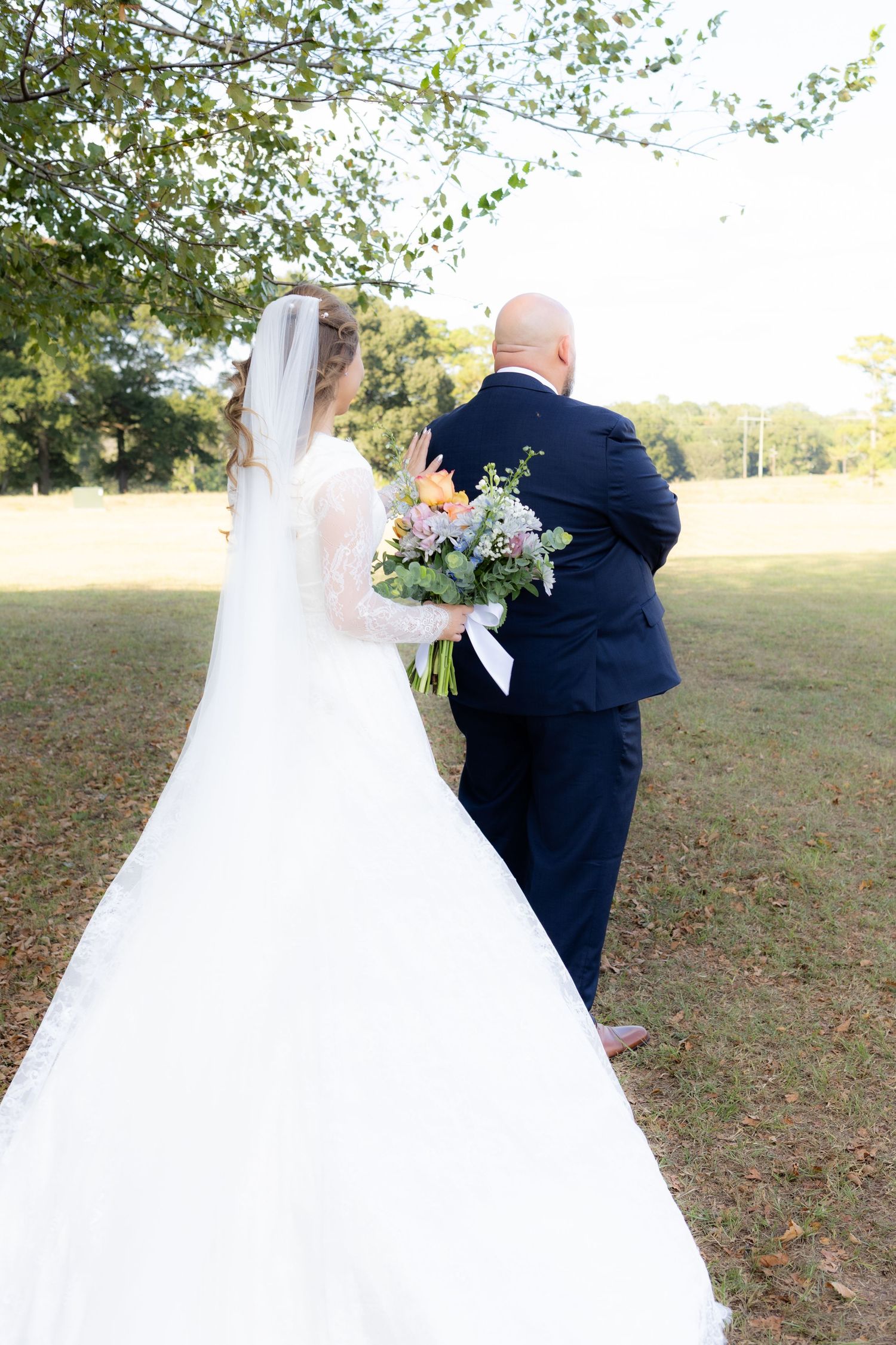 Bride and father first look at wedding venue Dalrymple Farms Enterprise, Alabama