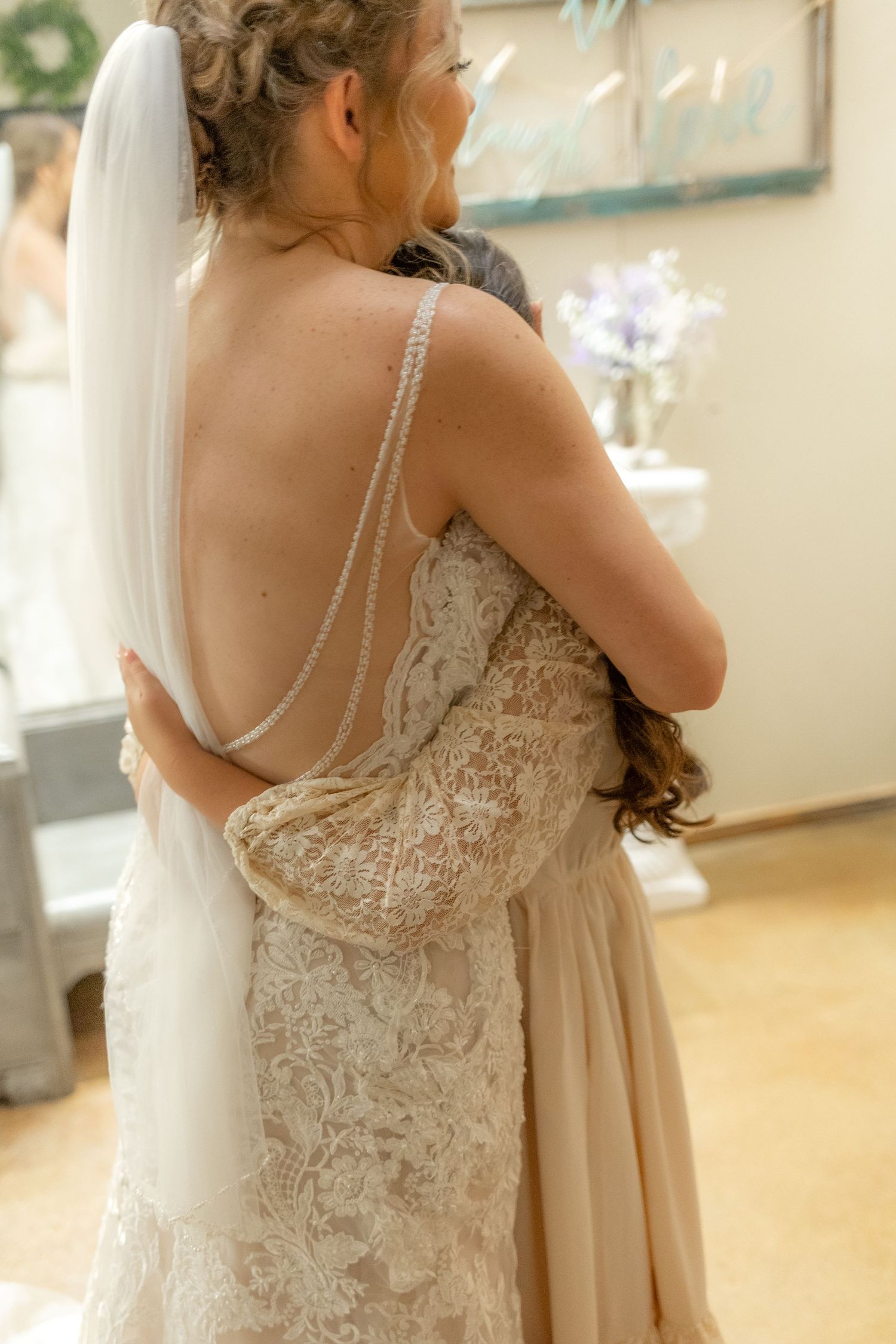 Daughter emotional first look with bride on her wedding day at Hilltop Acres Wicksburg, Alabama