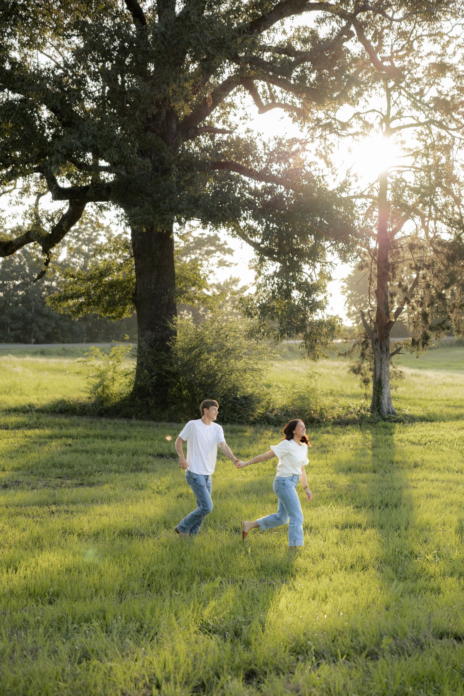 Romantic couple photos in a natural grass field setting with large trees at sunset.