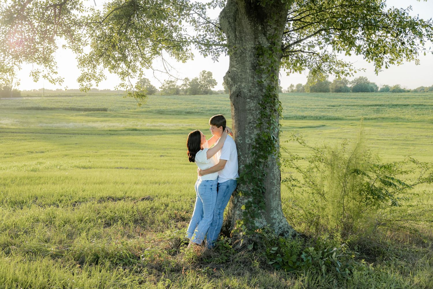Romantic couple photos in a natural grass field setting with large trees at sunset.