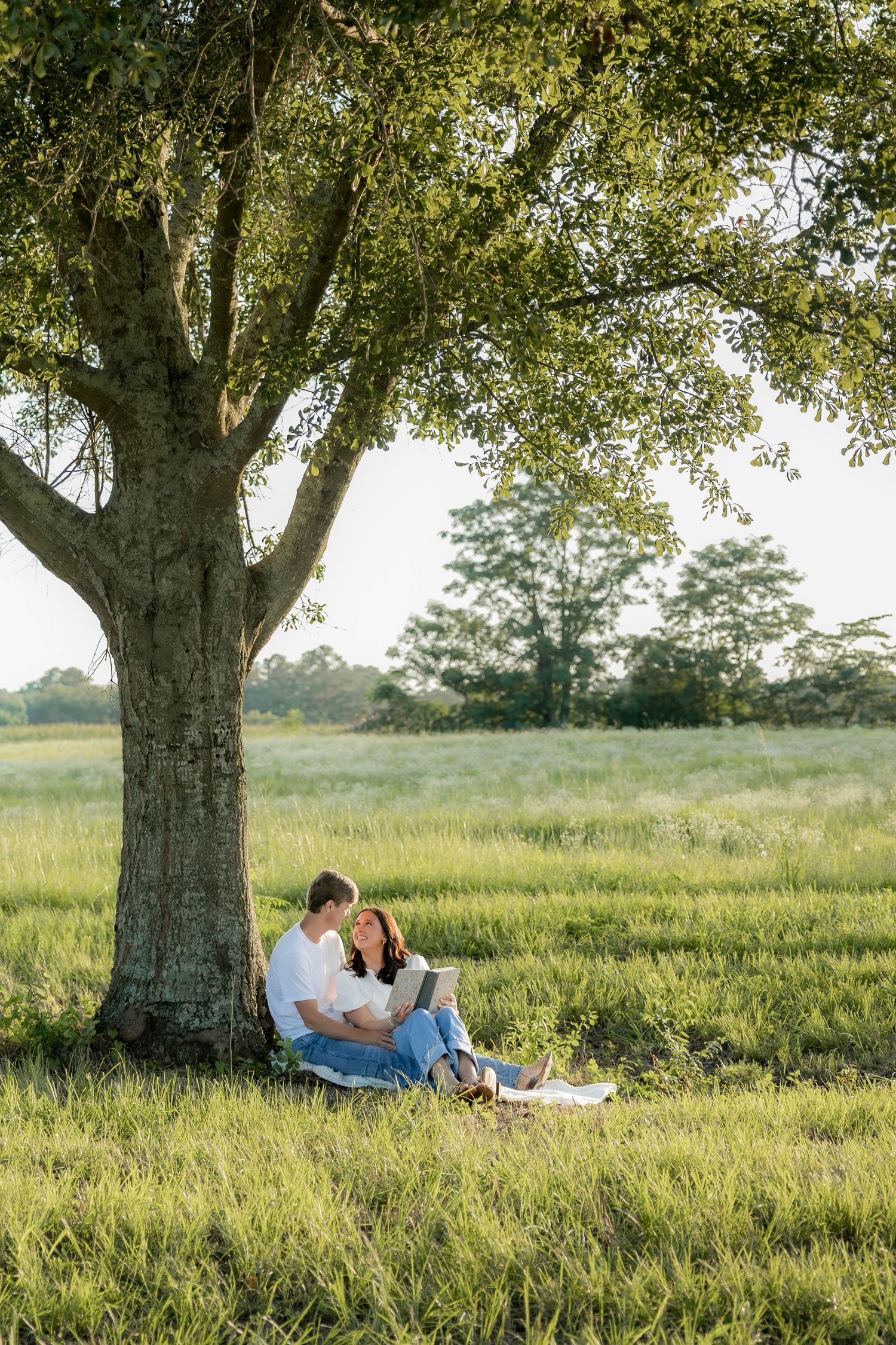 Romantic couple photos in a natural grass field setting with large trees at sunset.