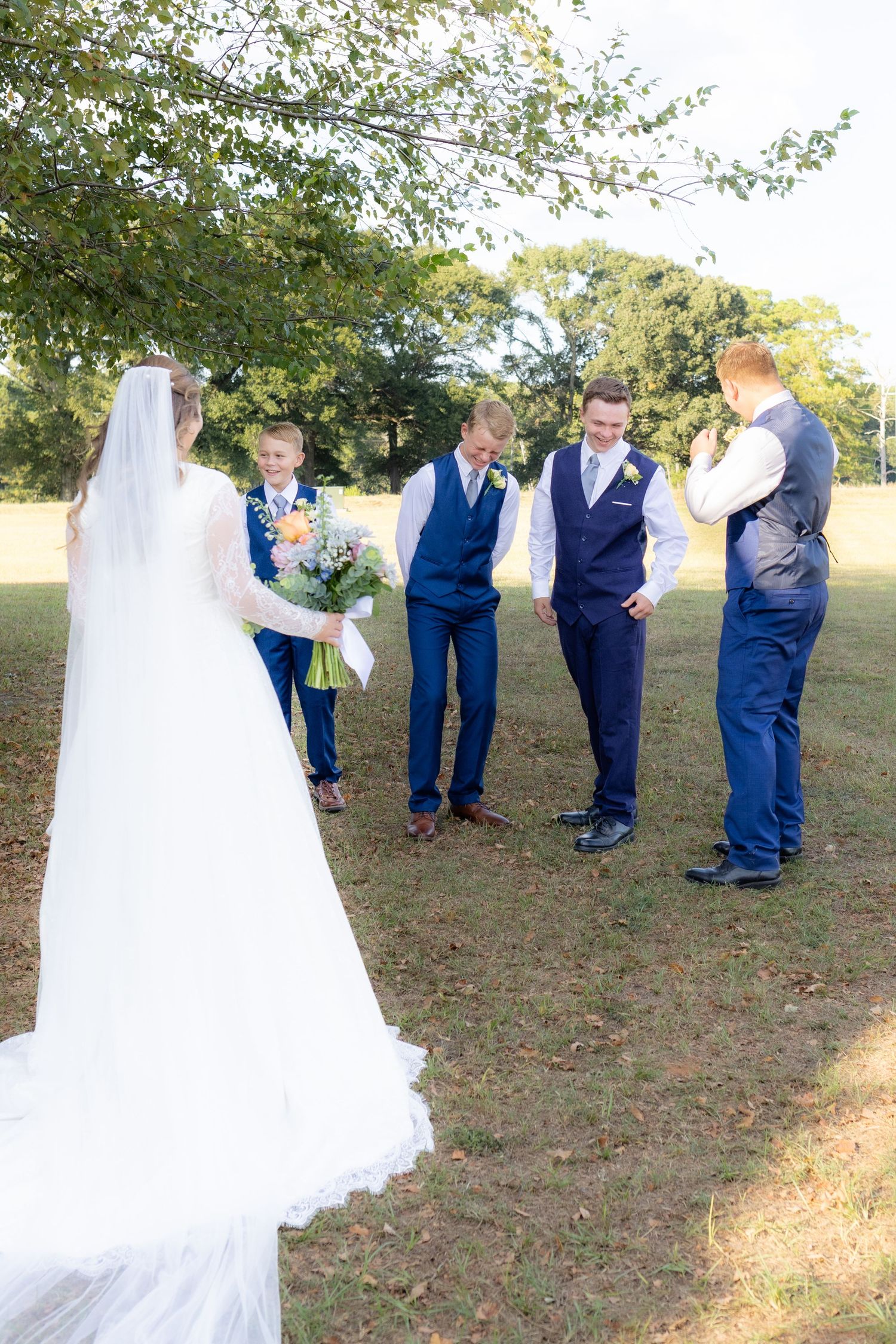 Bride and brothers first look at wedding venue Dalrymple Farms Enterprise, Alabama