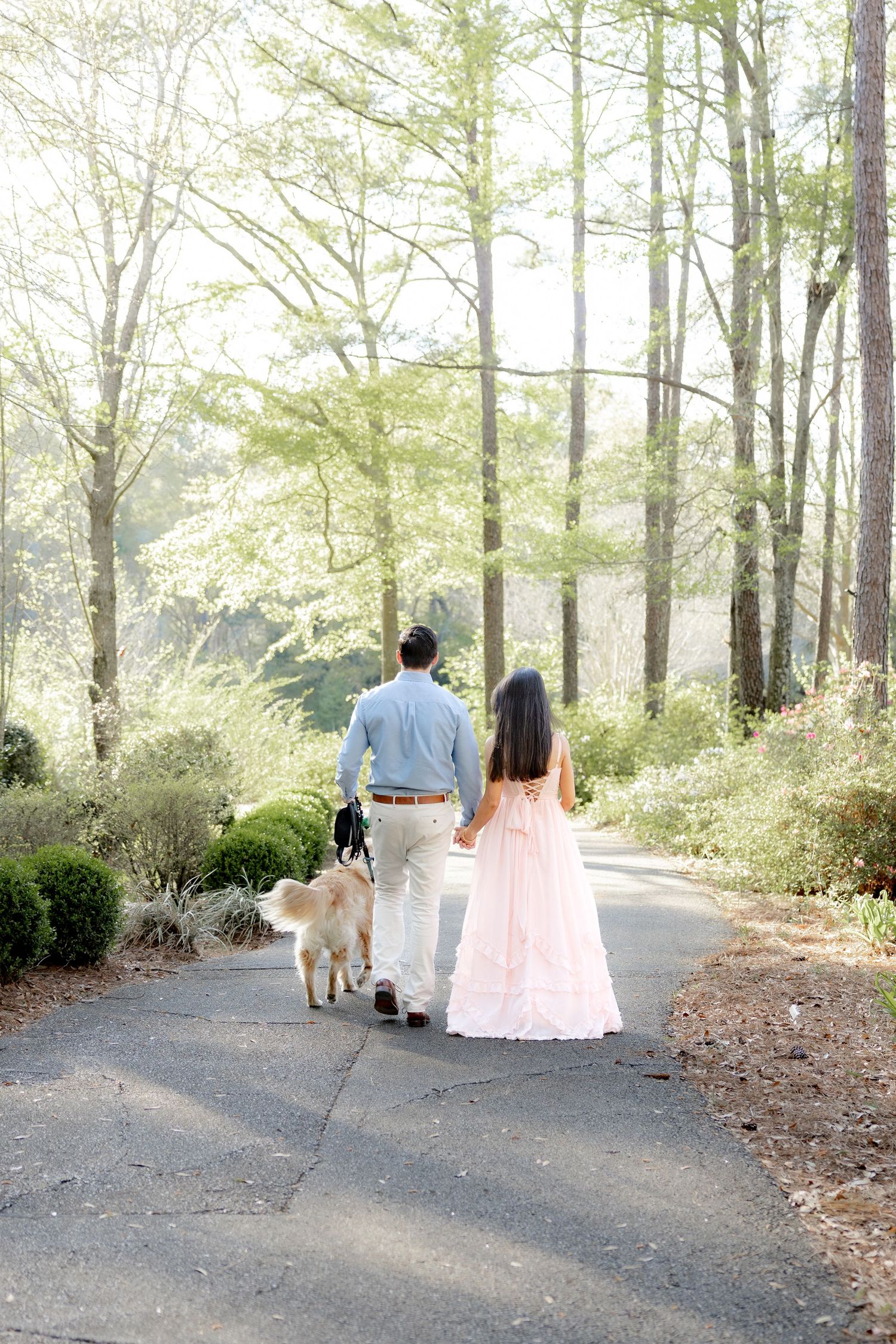 Romantic Spring Couple Photos with their dogs at Dothan Area Botanical Gardens in Alabama