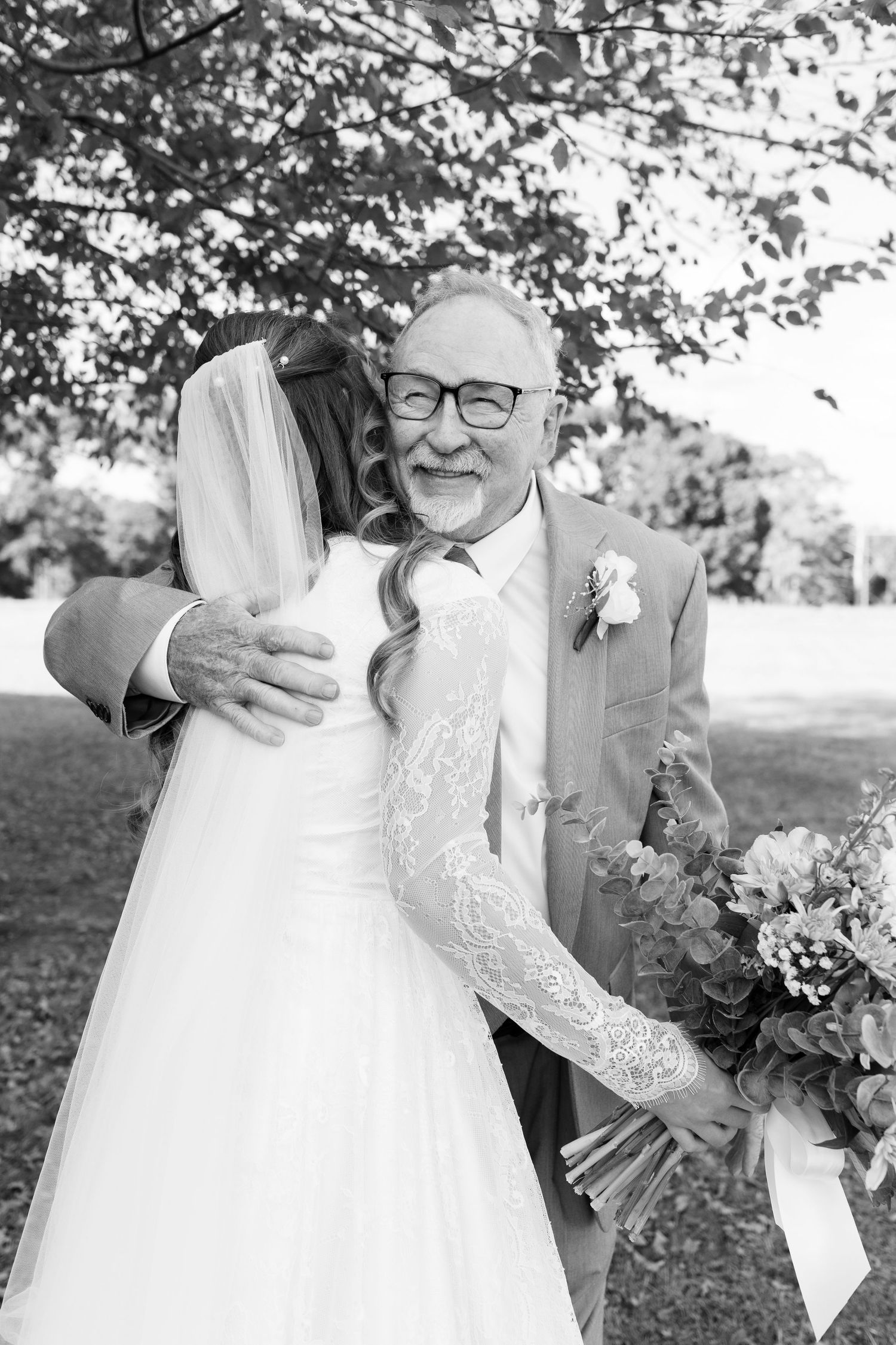Bride and grandfather first look at wedding venue Dalrymple Farms Enterprise, Alabama
