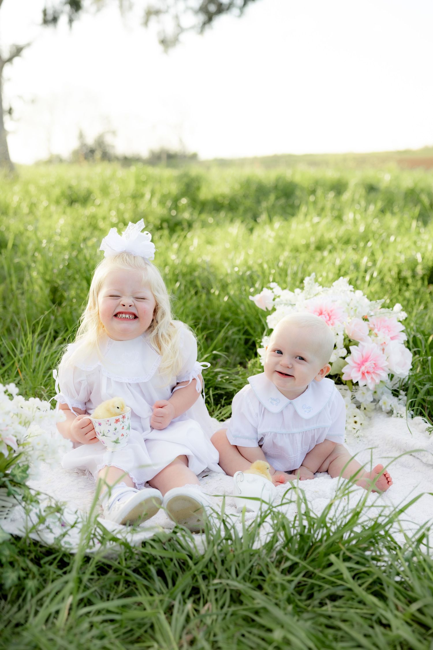 Spring Mini Session with baby chicks in a grass field at sunset near Dothan, Alabama