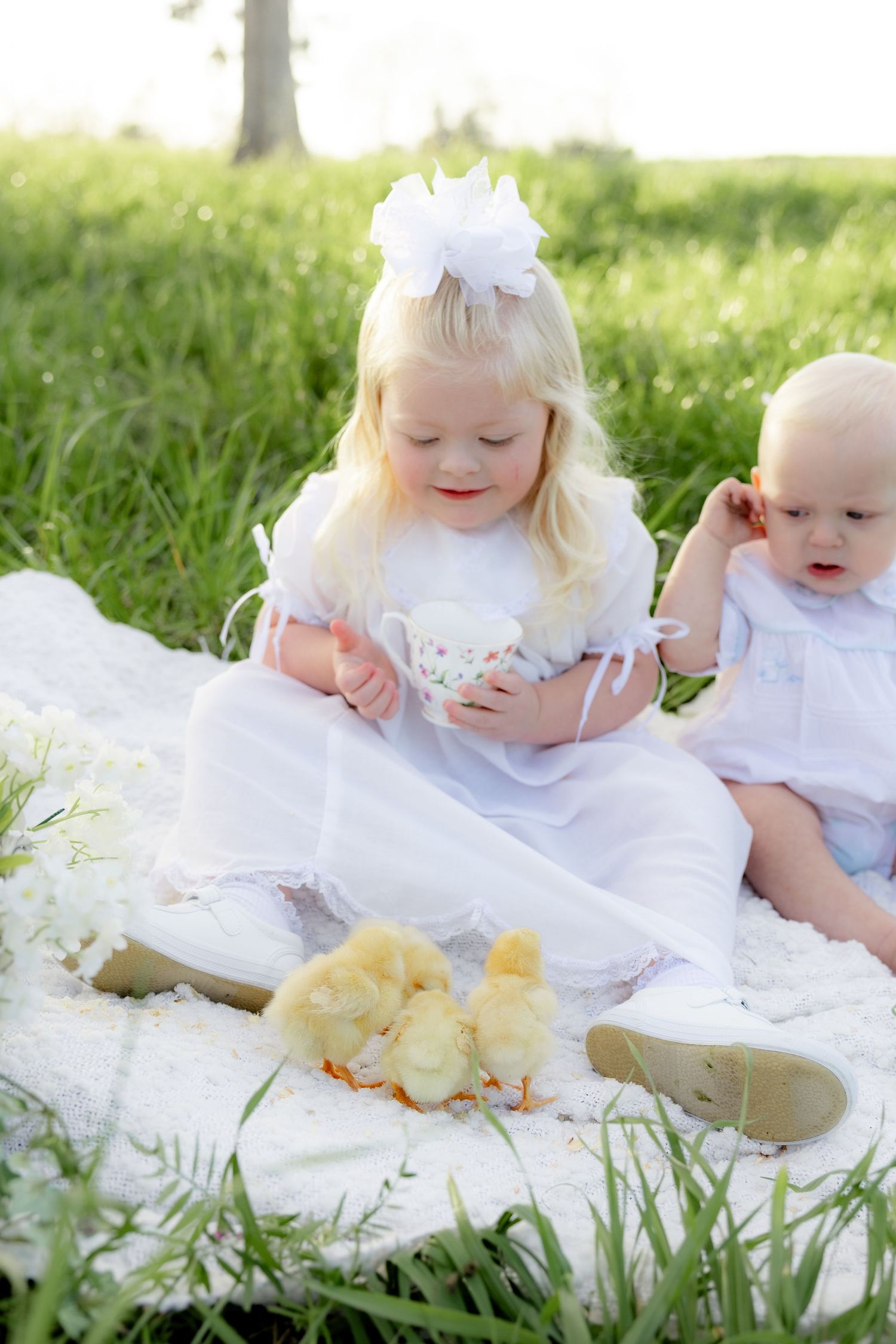 Spring Mini Session with baby chicks in a grass field at sunset near Dothan, Alabama
