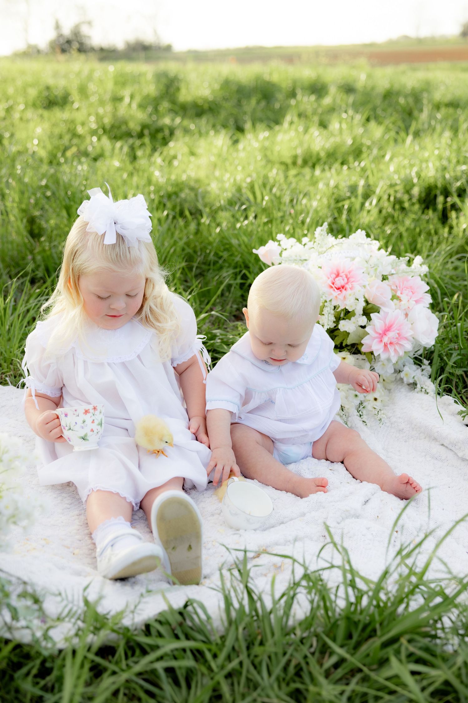 Spring Mini Session with baby chicks in a grass field at sunset near Dothan, Alabama
