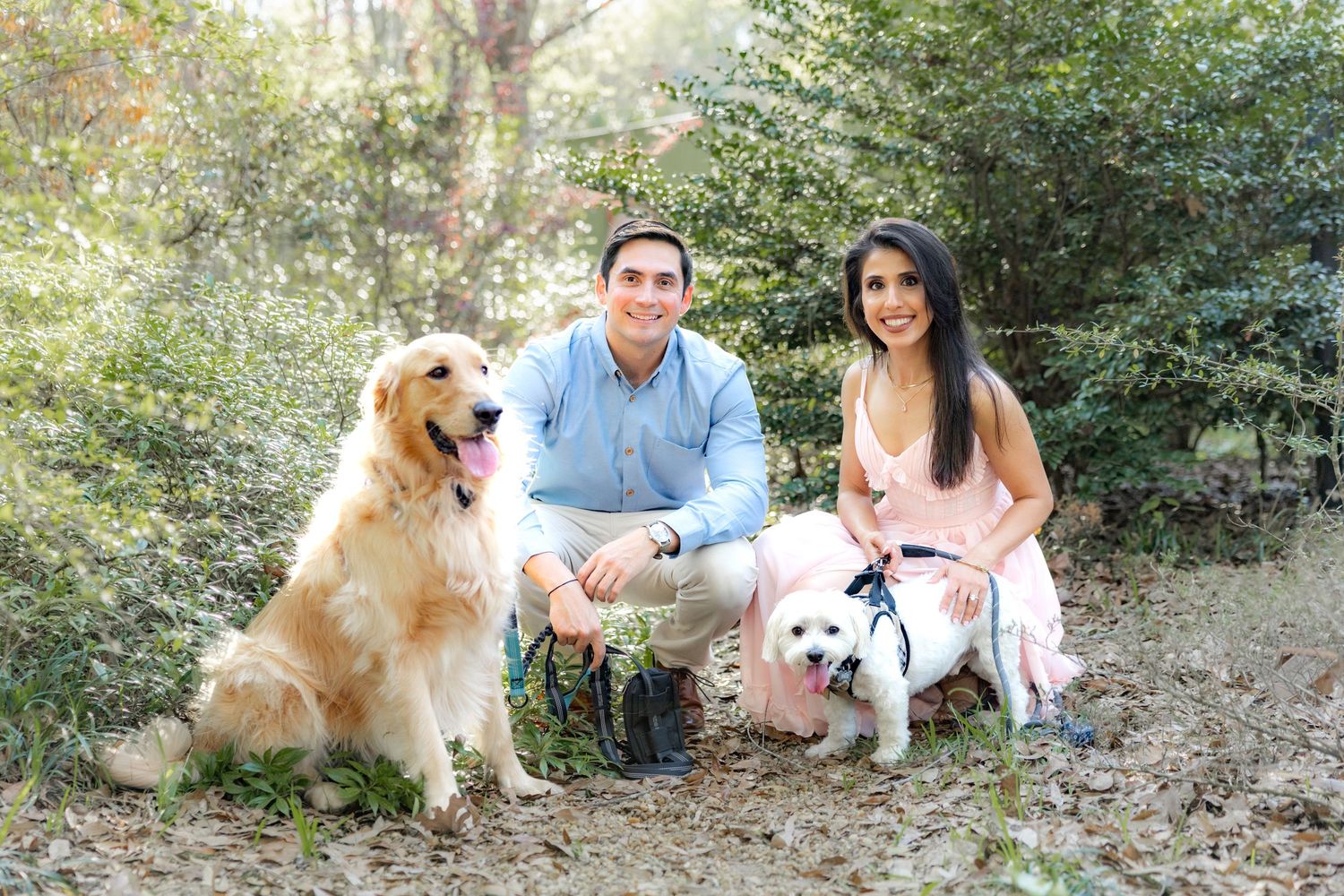Romantic Spring Couple Photos with their dogs at Dothan Area Botanical Gardens in Alabama