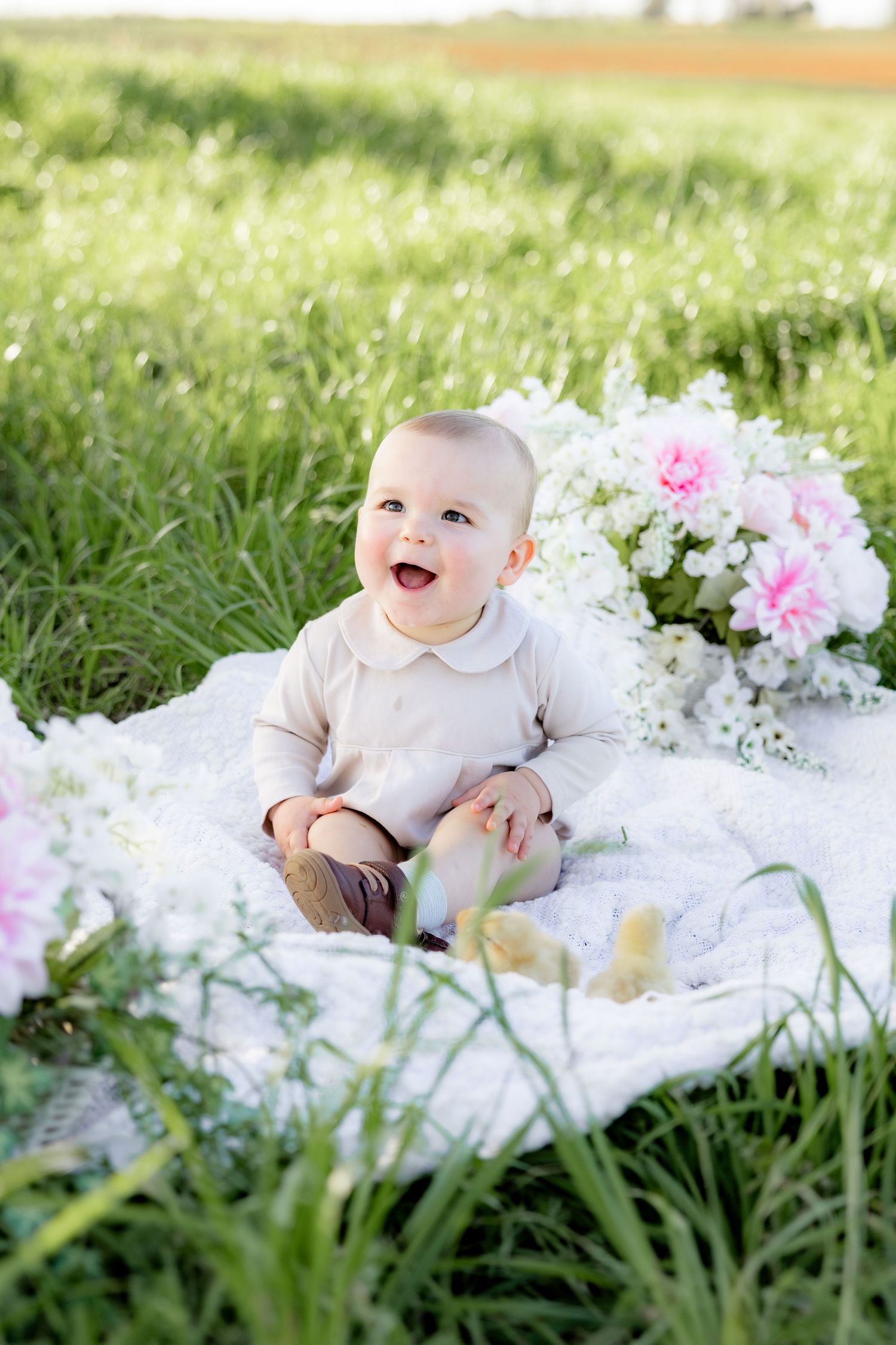 Spring Mini Session with baby chicks in a grass field at sunset near Dothan, Alabama