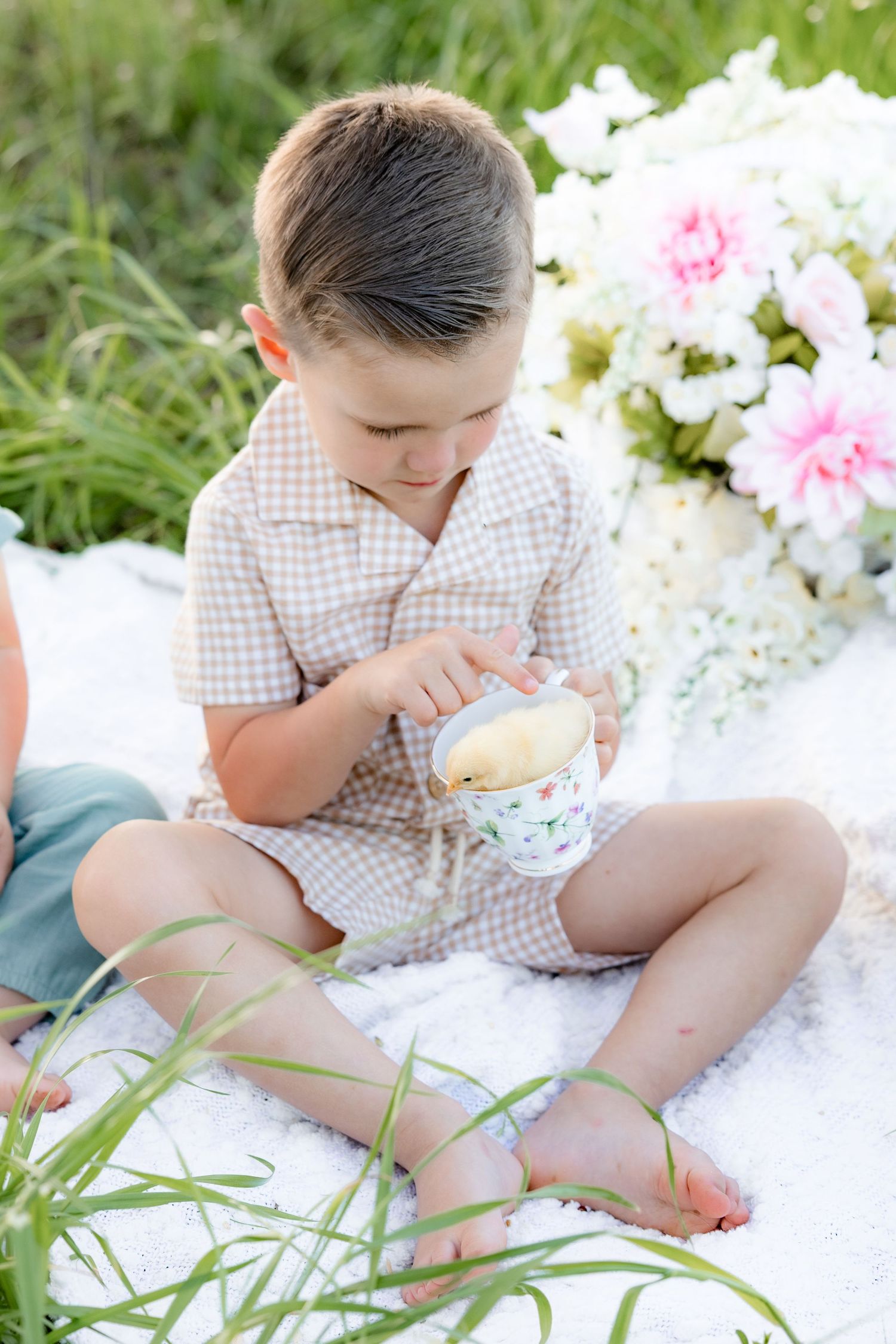 Spring Mini Session with baby chicks in a grass field at sunset near Dothan, Alabama