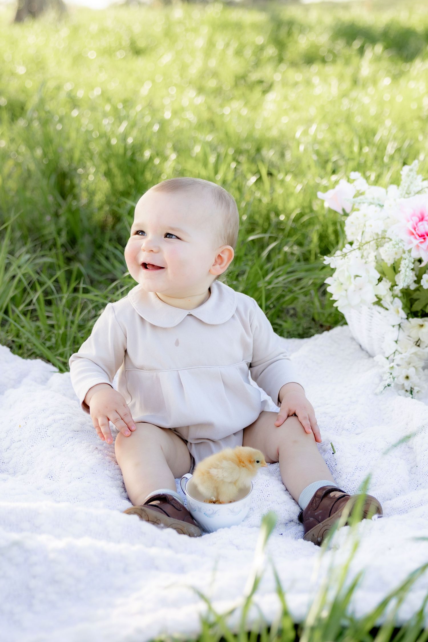 Spring Mini Session with baby chicks in a grass field at sunset near Dothan, Alabama