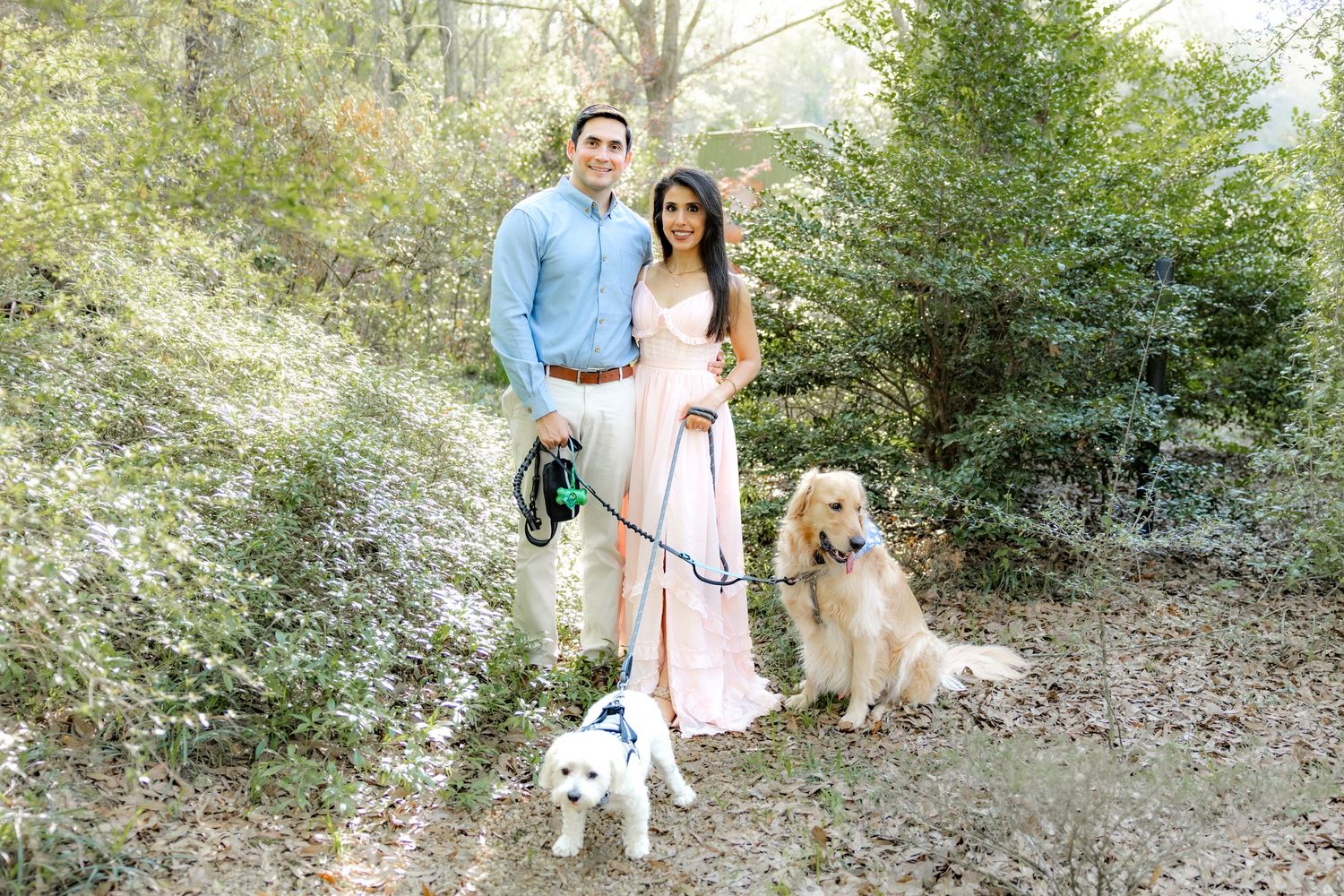 Romantic Spring Couple Photos with their dogs at Dothan Area Botanical Gardens in Alabama