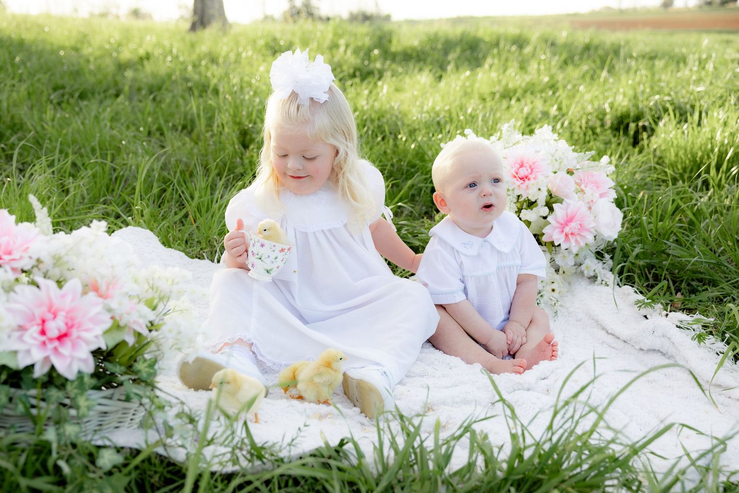 Spring Mini Session with baby chicks in a grass field at sunset near Dothan, Alabama
