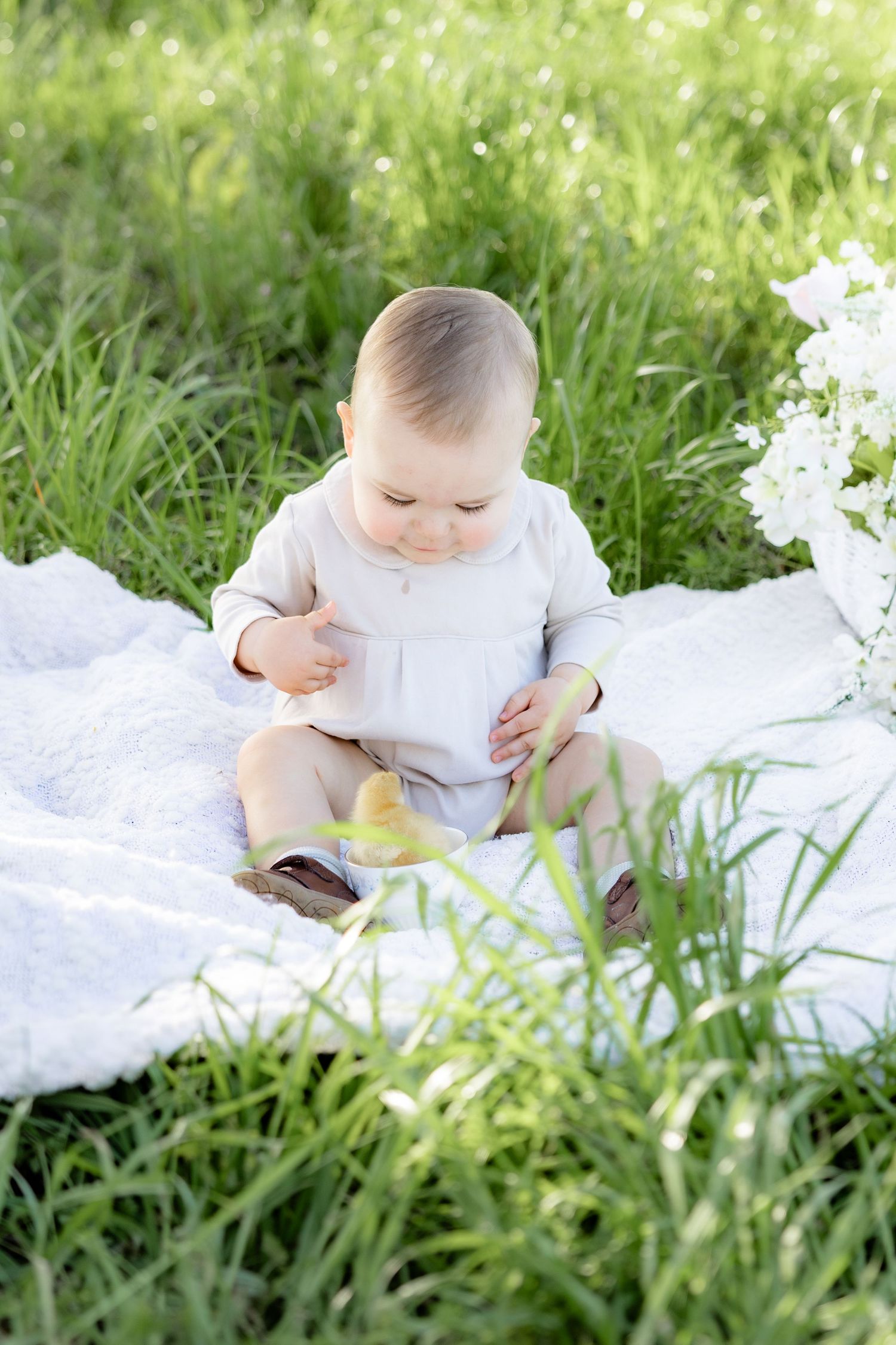 Spring Mini Session with baby chicks in a grass field at sunset near Dothan, Alabama