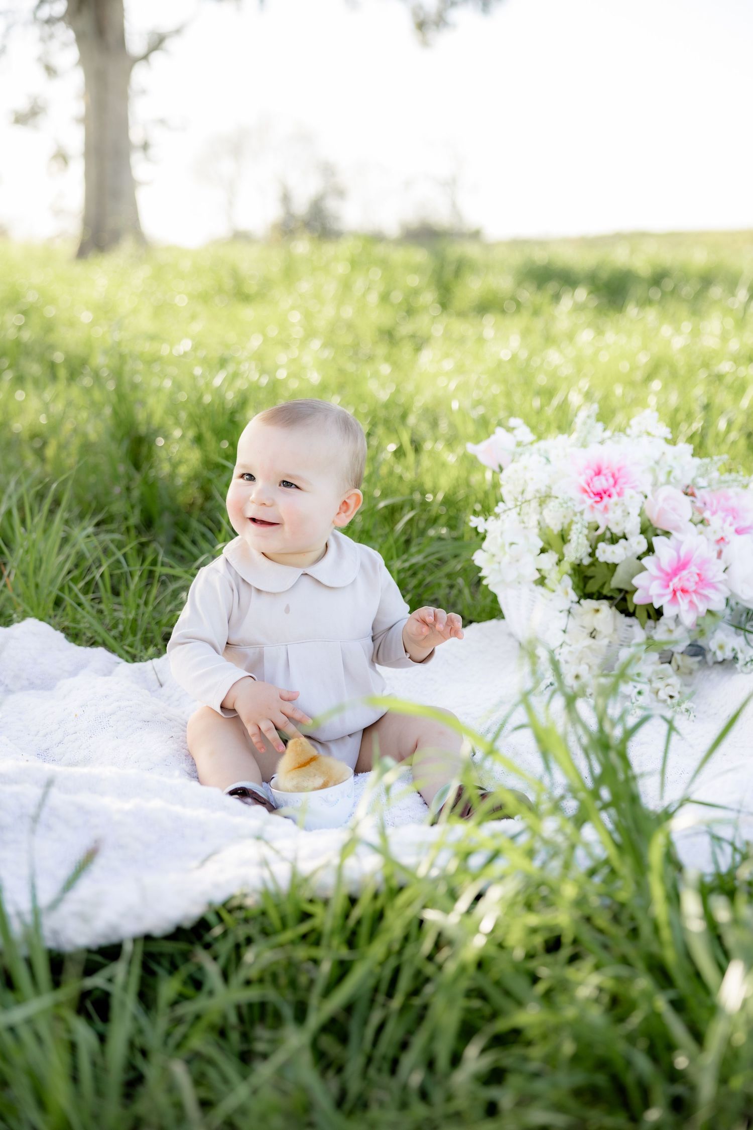 Spring Mini Session with baby chicks in a grass field at sunset near Dothan, Alabama