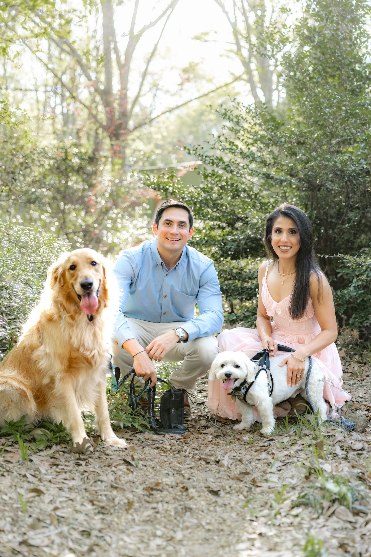 Romantic Spring Couple Photos with their dogs at Dothan Area Botanical Gardens in Alabama