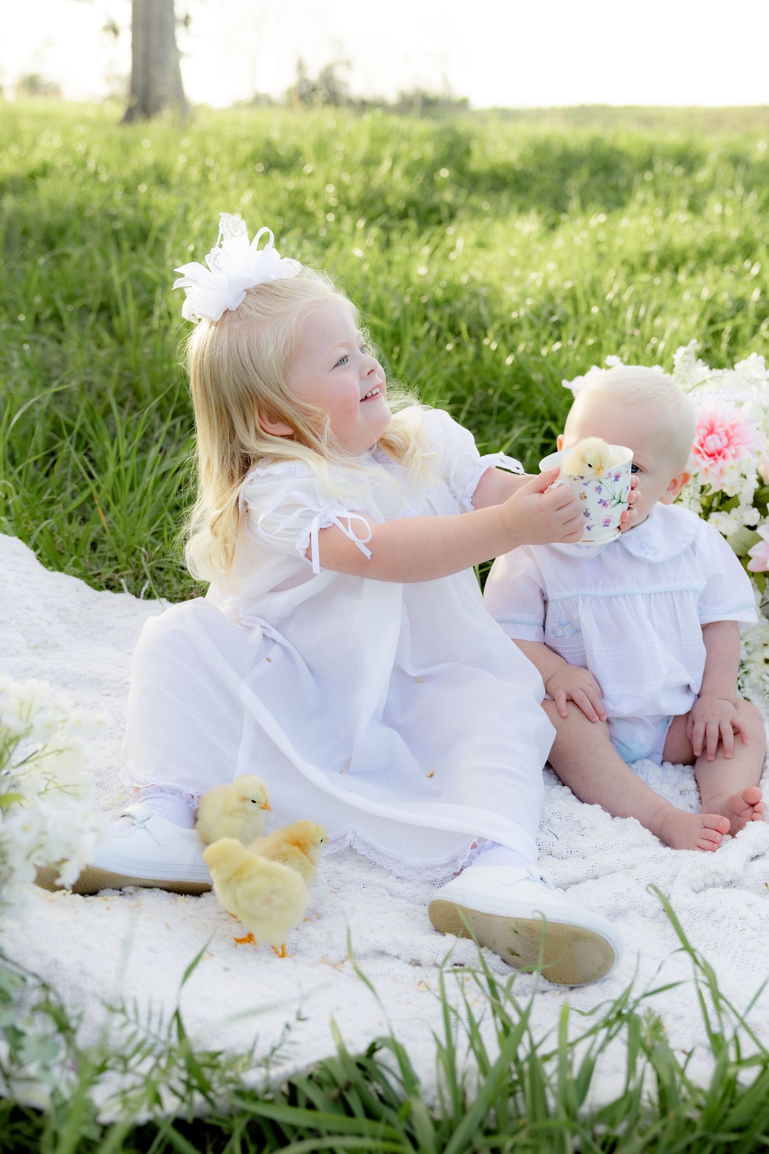 Spring Mini Session with baby chicks in a grass field at sunset near Dothan, Alabama