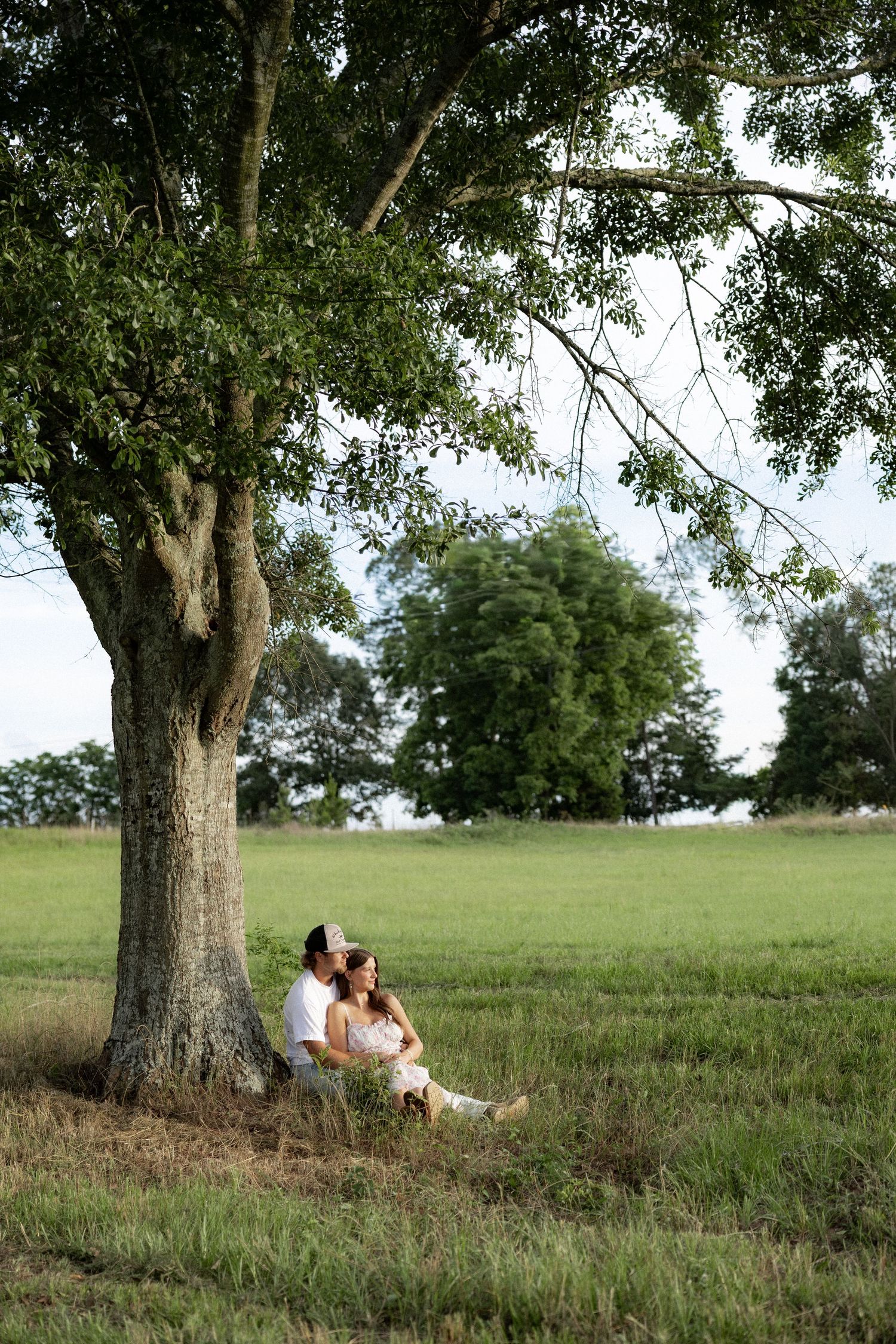 Romantic couple photos in a natural grass field setting with large trees at sunset.