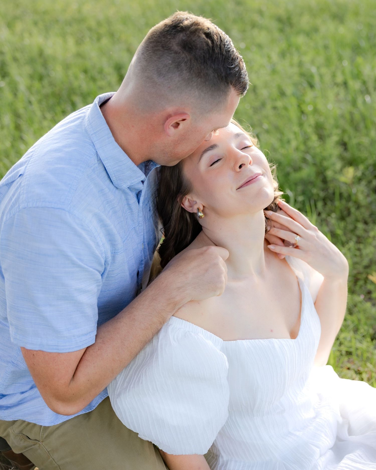 Storytelling romantic couple photos in a tall grass field at sunset in Dothan, Alabama
