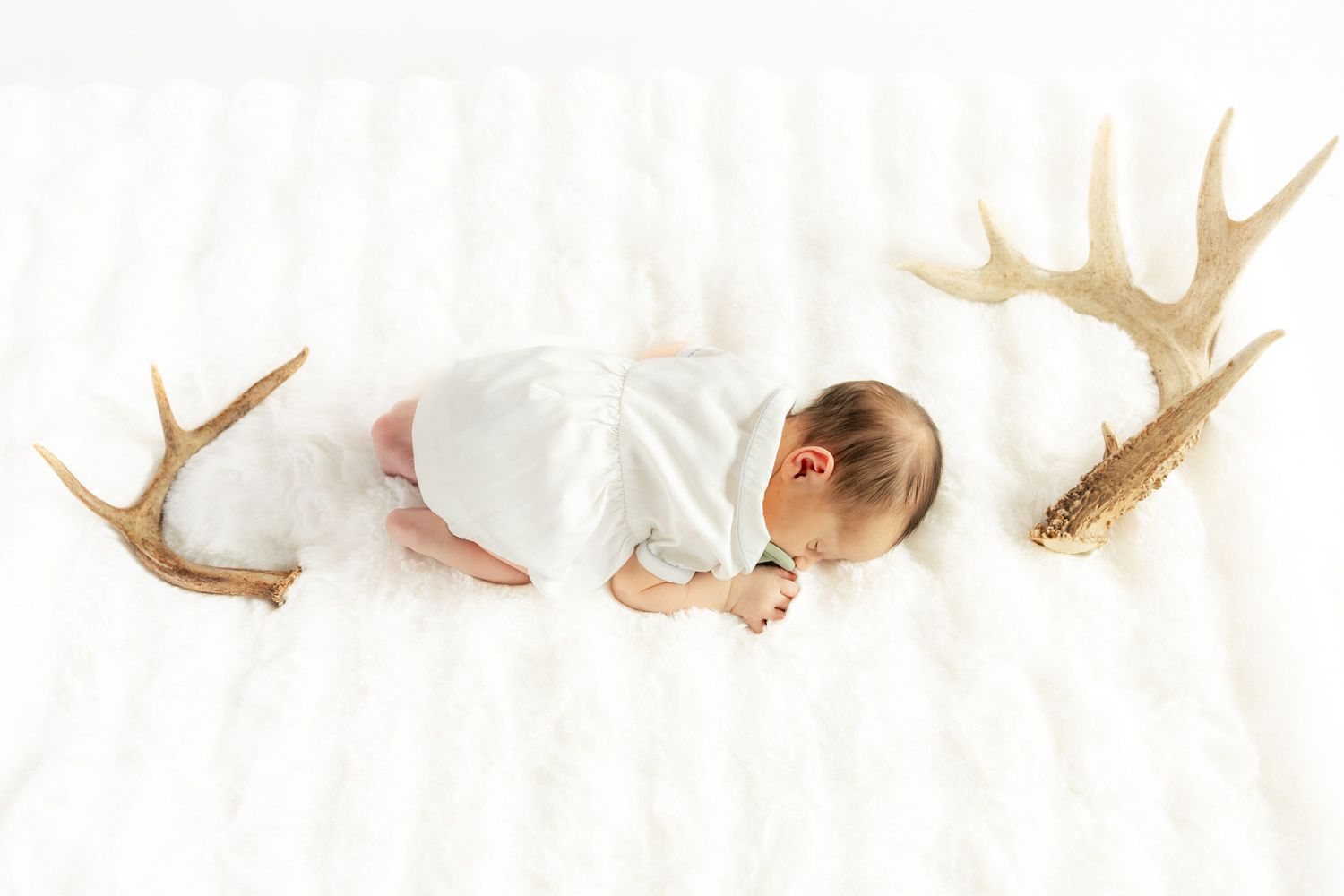 Newborn baby laying between deer antlers in a studio in Dothan, Alabama