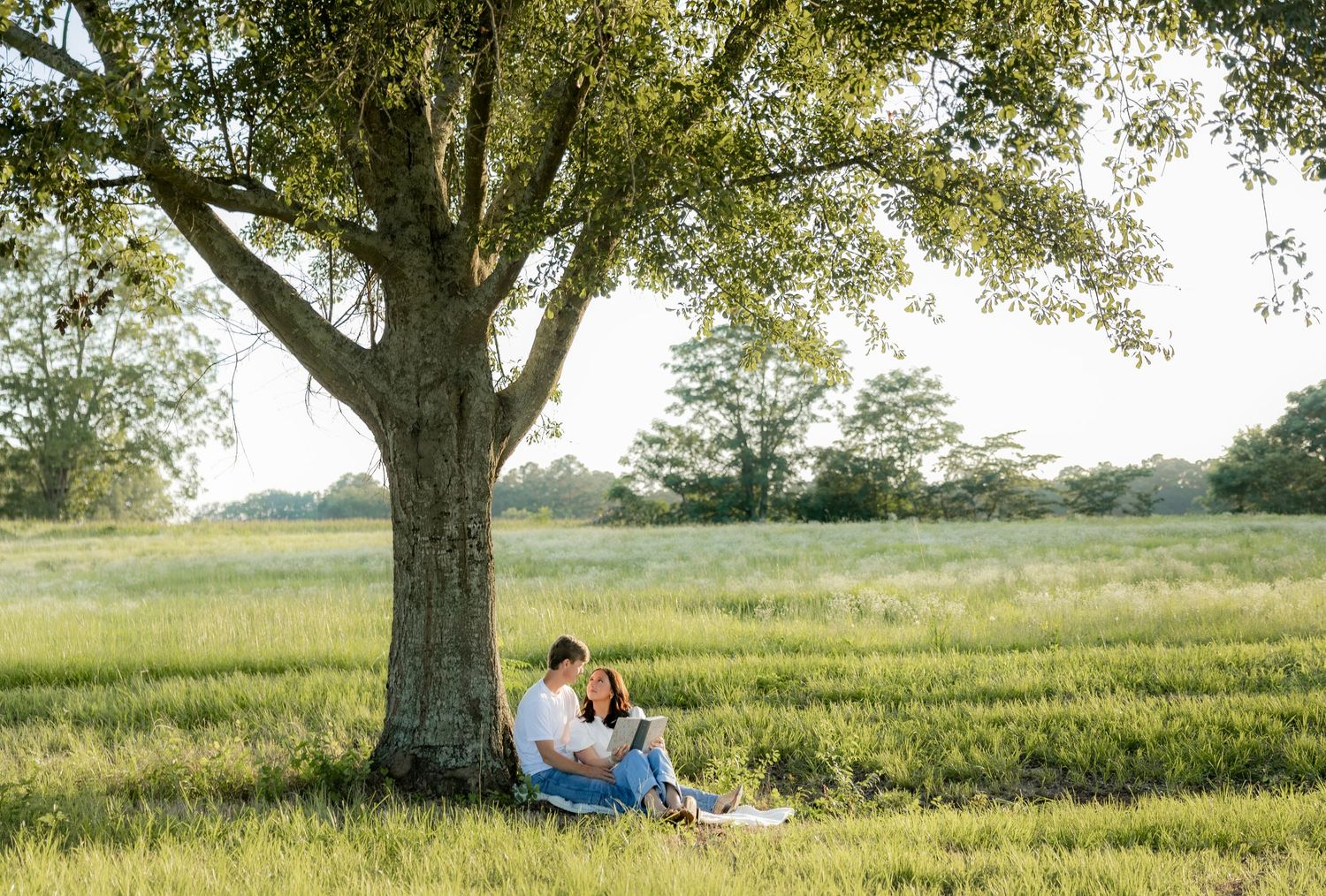 Romantic couple photos in a natural grass field setting with large trees at sunset.