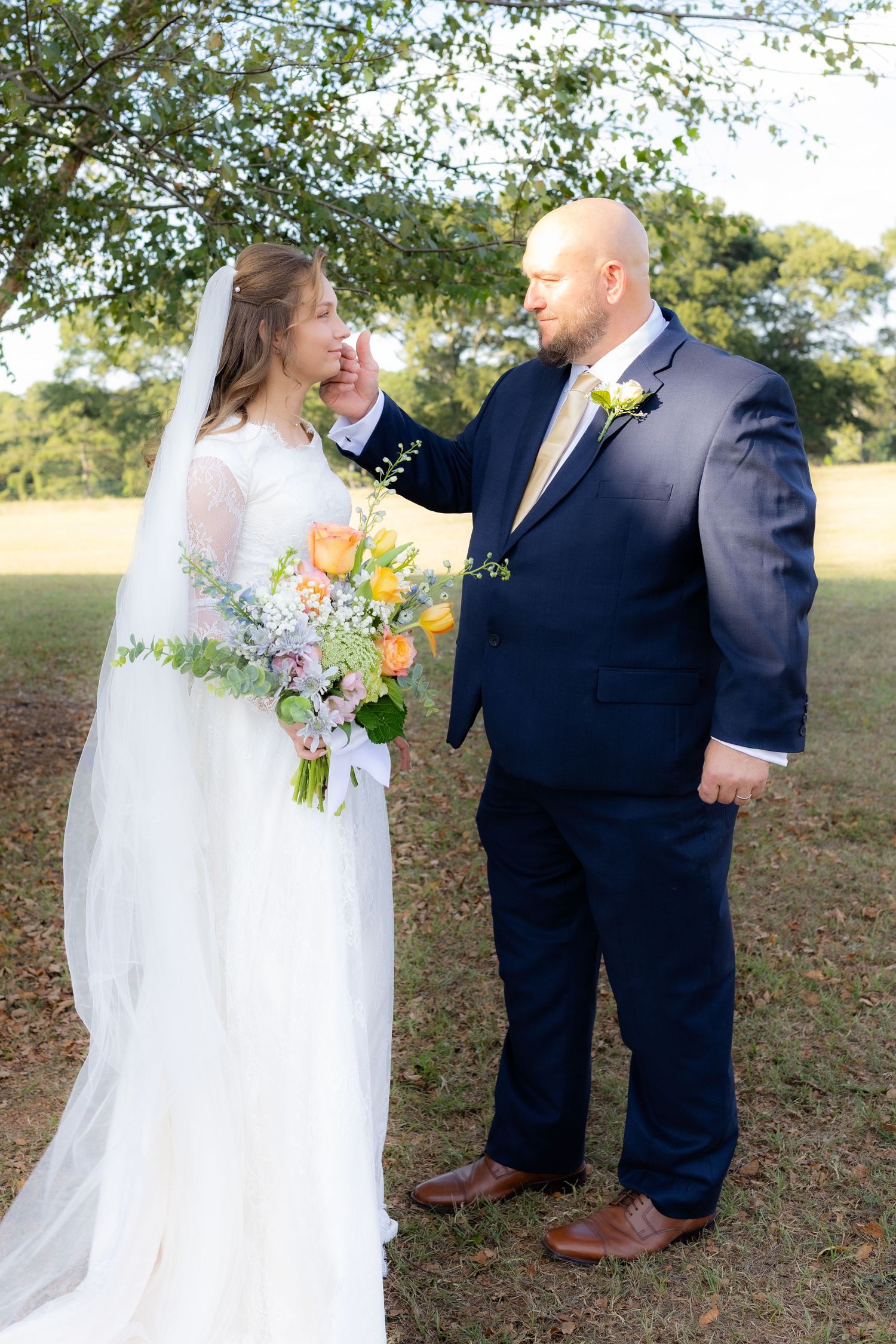 Bride and father first look at wedding venue Dalrymple Farms Enterprise, Alabama