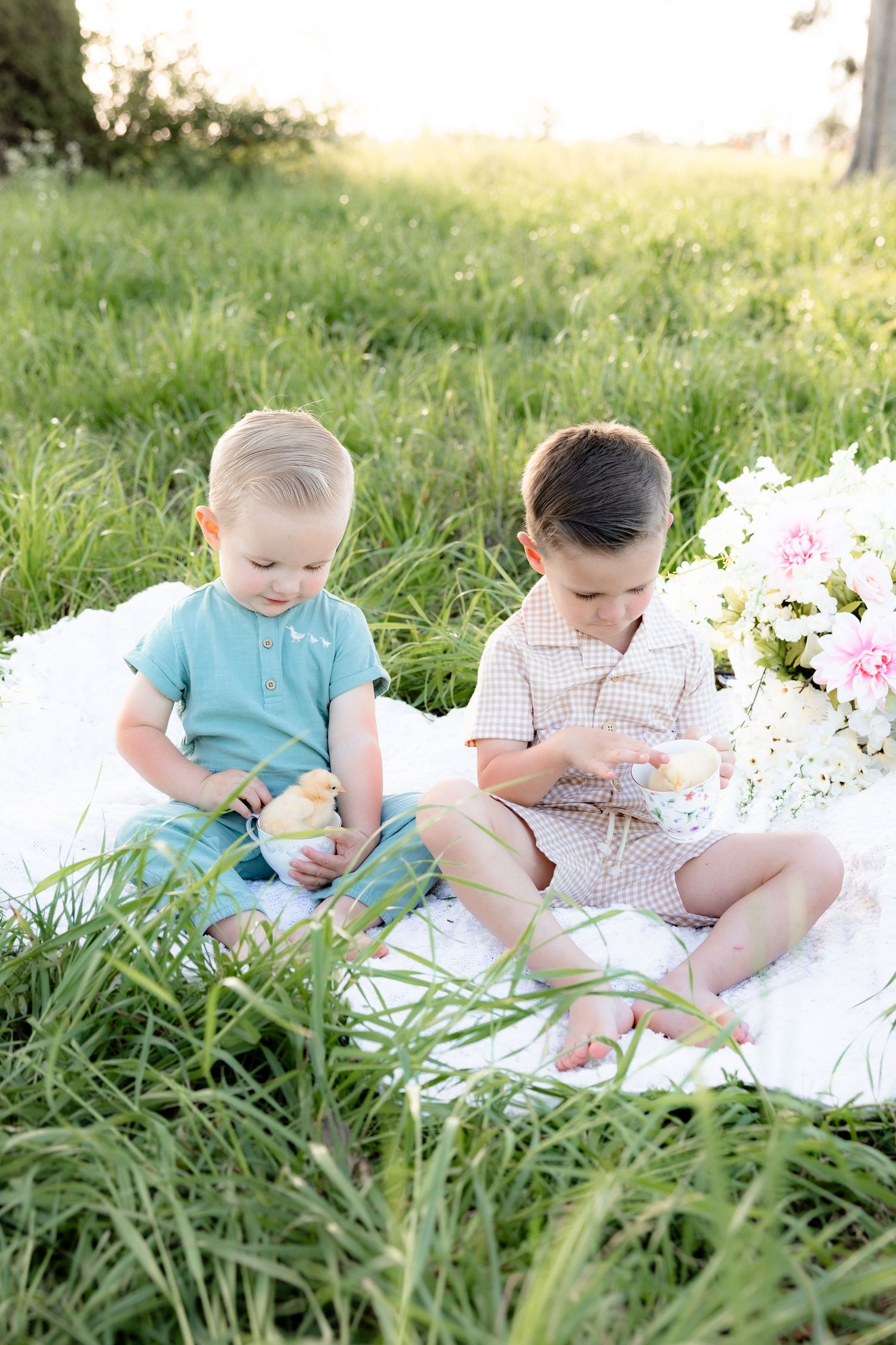 Spring Mini Session with baby chicks in a grass field at sunset near Dothan, Alabama