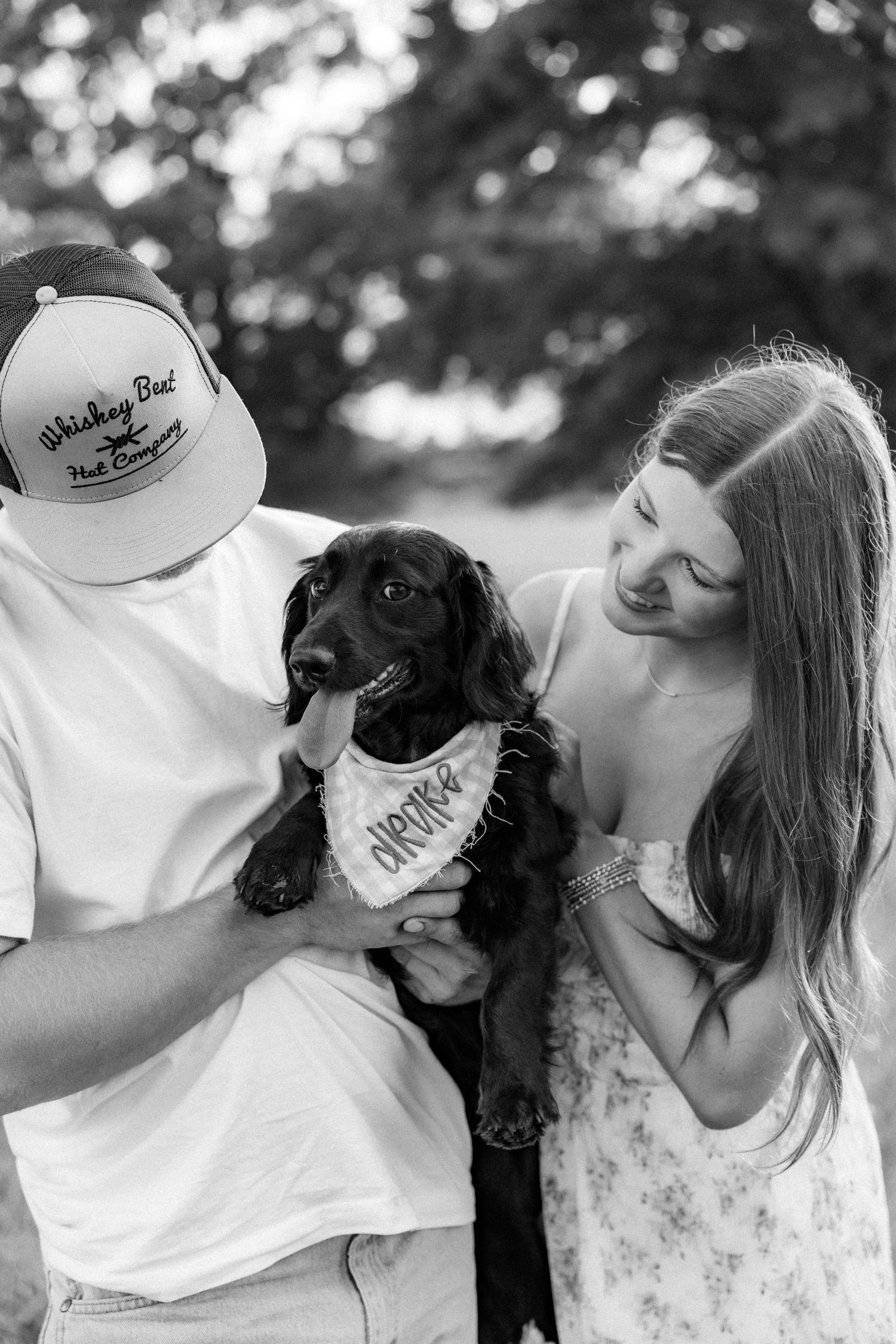 Romantic couple photos in a natural grass field setting with large trees at sunset.