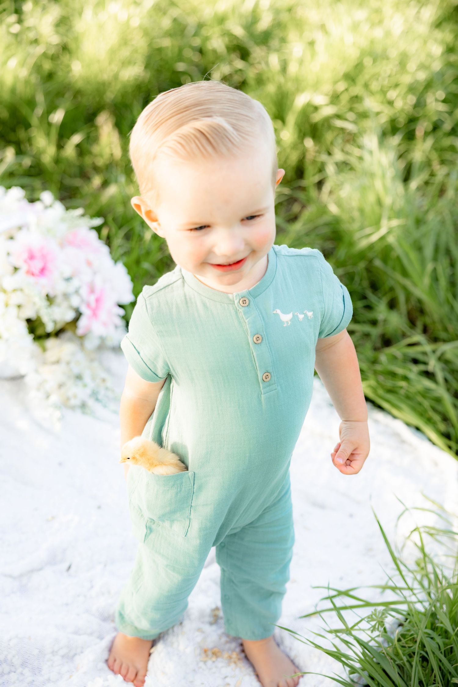 Spring Mini Session with baby chicks in a grass field at sunset near Dothan, Alabama