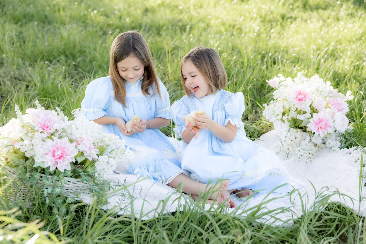 Spring Mini Session with baby chicks in a grass field at sunset near Dothan, Alabama