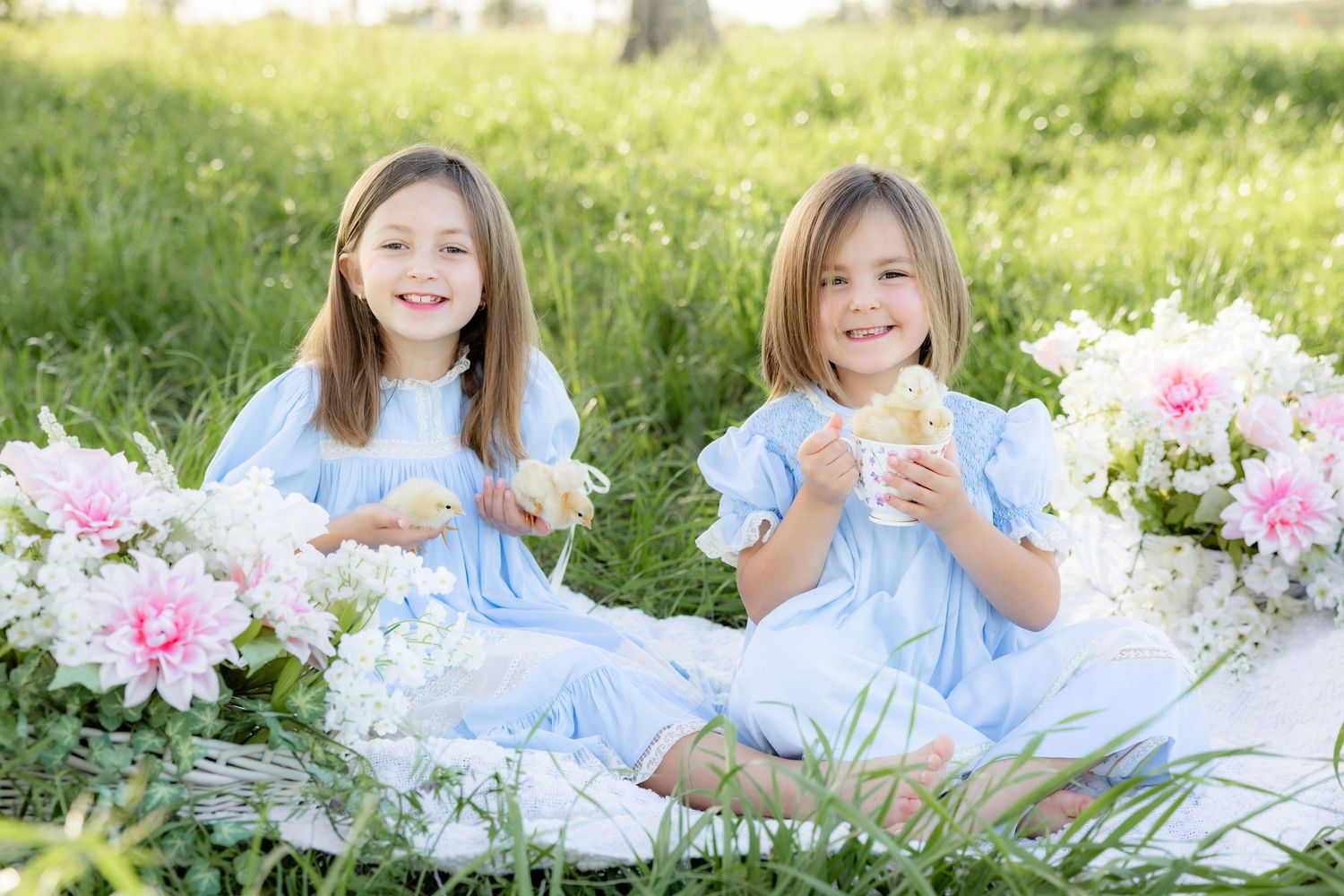 Spring Mini Session with baby chicks in a grass field at sunset near Dothan, Alabama