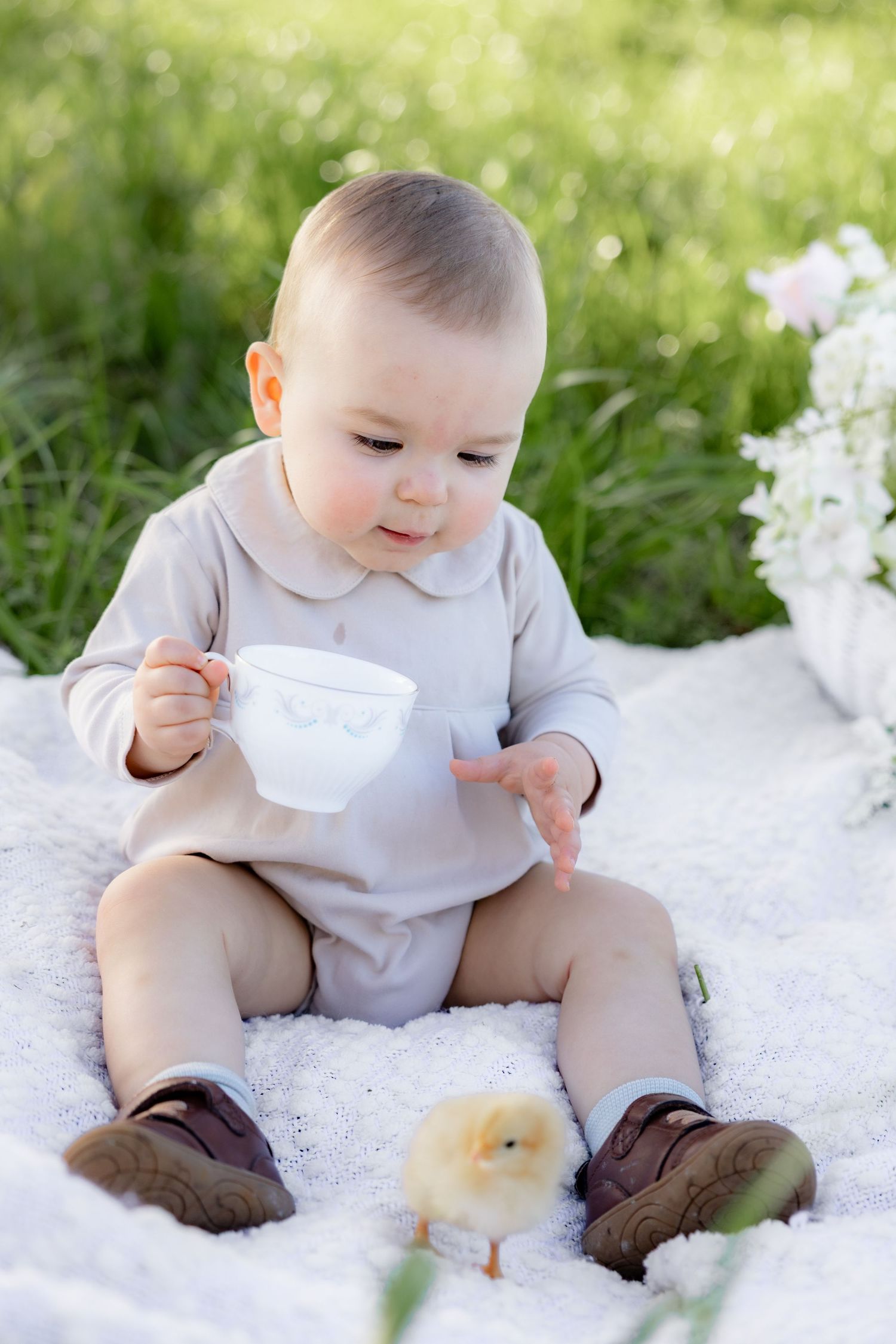 Spring Mini Session with baby chicks in a grass field at sunset near Dothan, Alabama