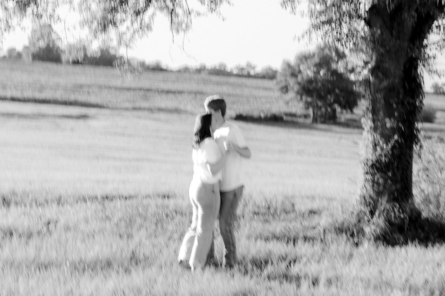Romantic couple photos in a natural grass field setting with large trees at sunset.