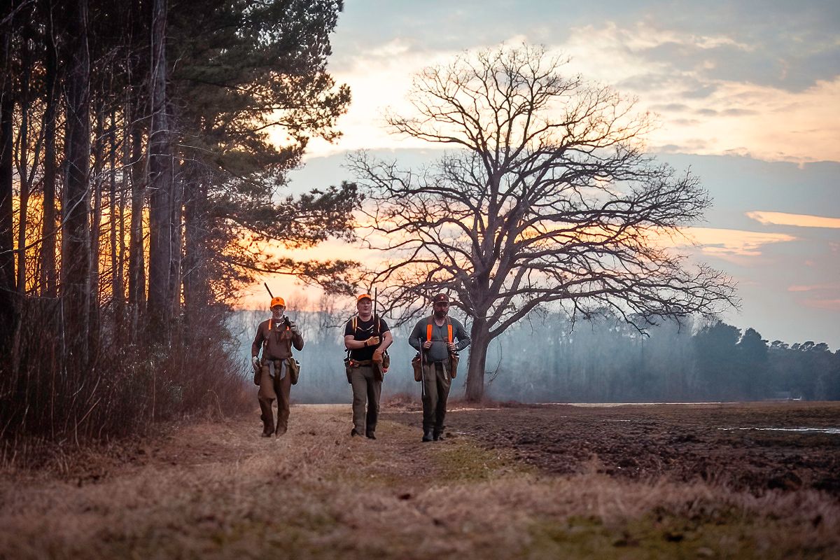 Hunters walking through a forest clearing at sunset.
