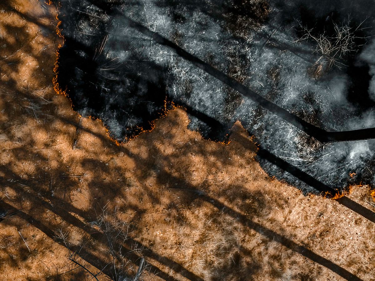 Abstract aerial view of terrain with contrasting orange and grey patterns.