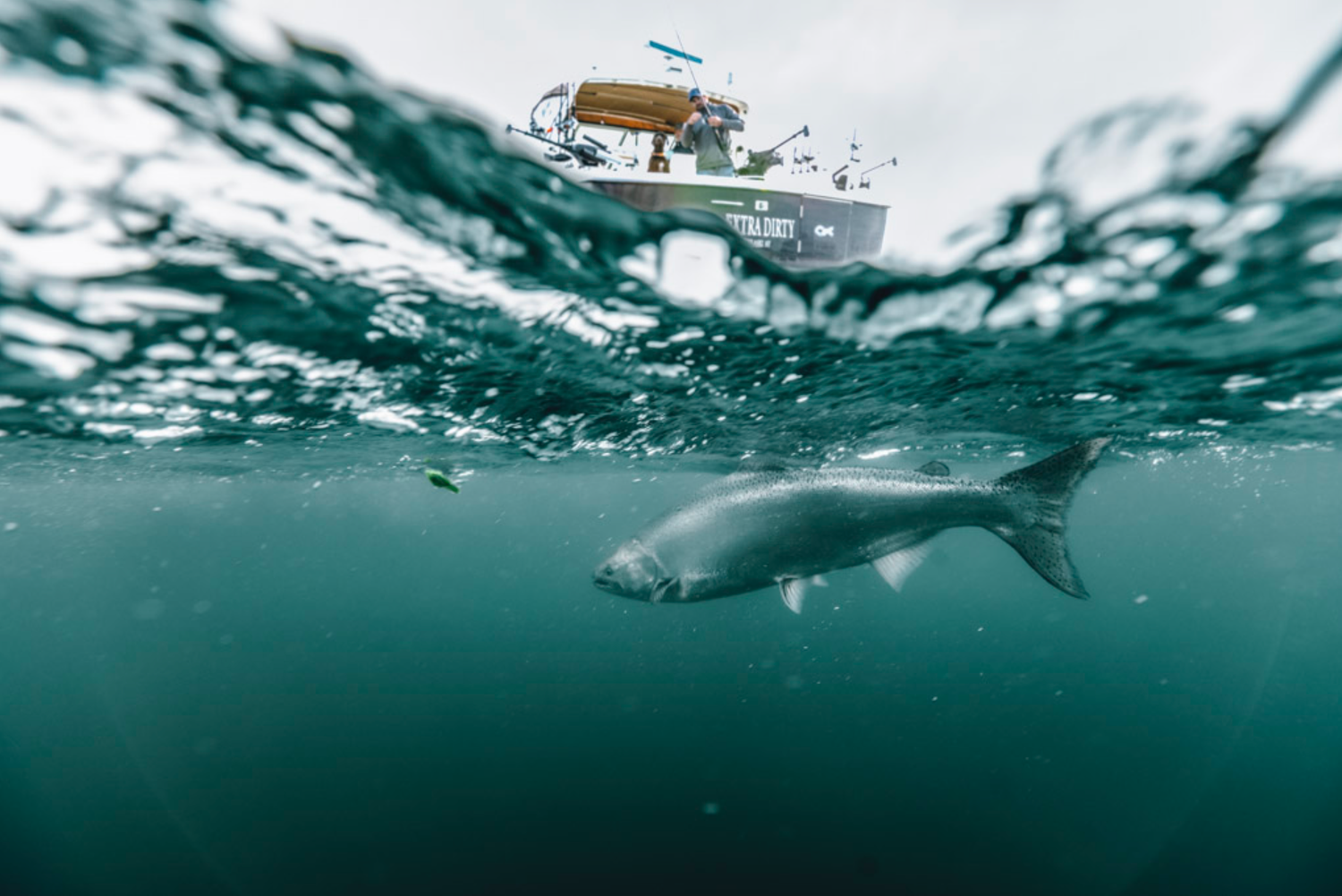 Underwater view of fish silhouette swimming beneath boat in turquoise waters.