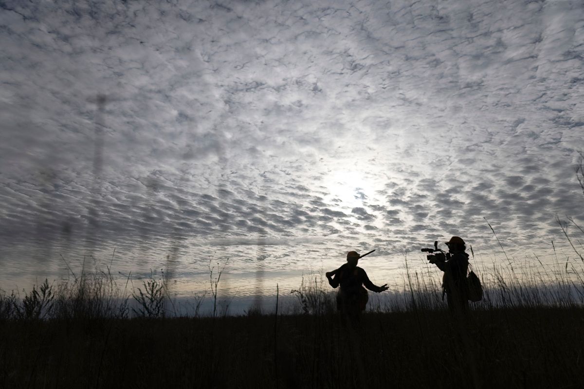 Silhouettes of hunters and dogs against a dramatic cloudy sky at dusk.