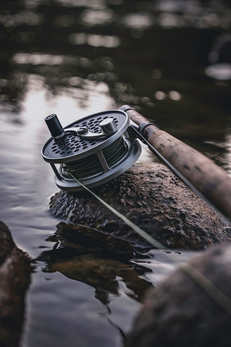 Fishing reel sitting on wet rock surface with water reflections.
