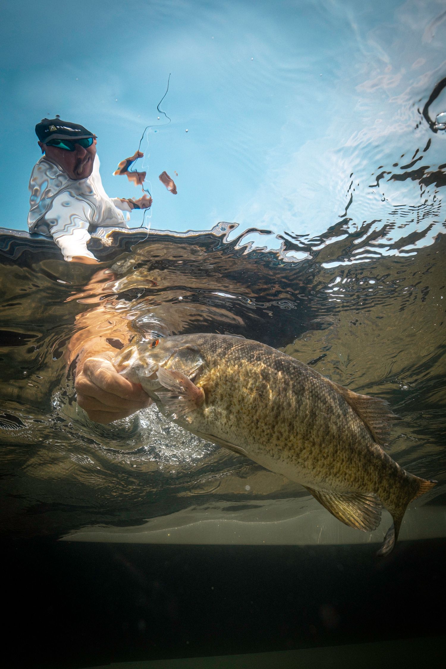 Split underwater view of a largemouth bass swimming beneath the surface with sunlight filtering through.