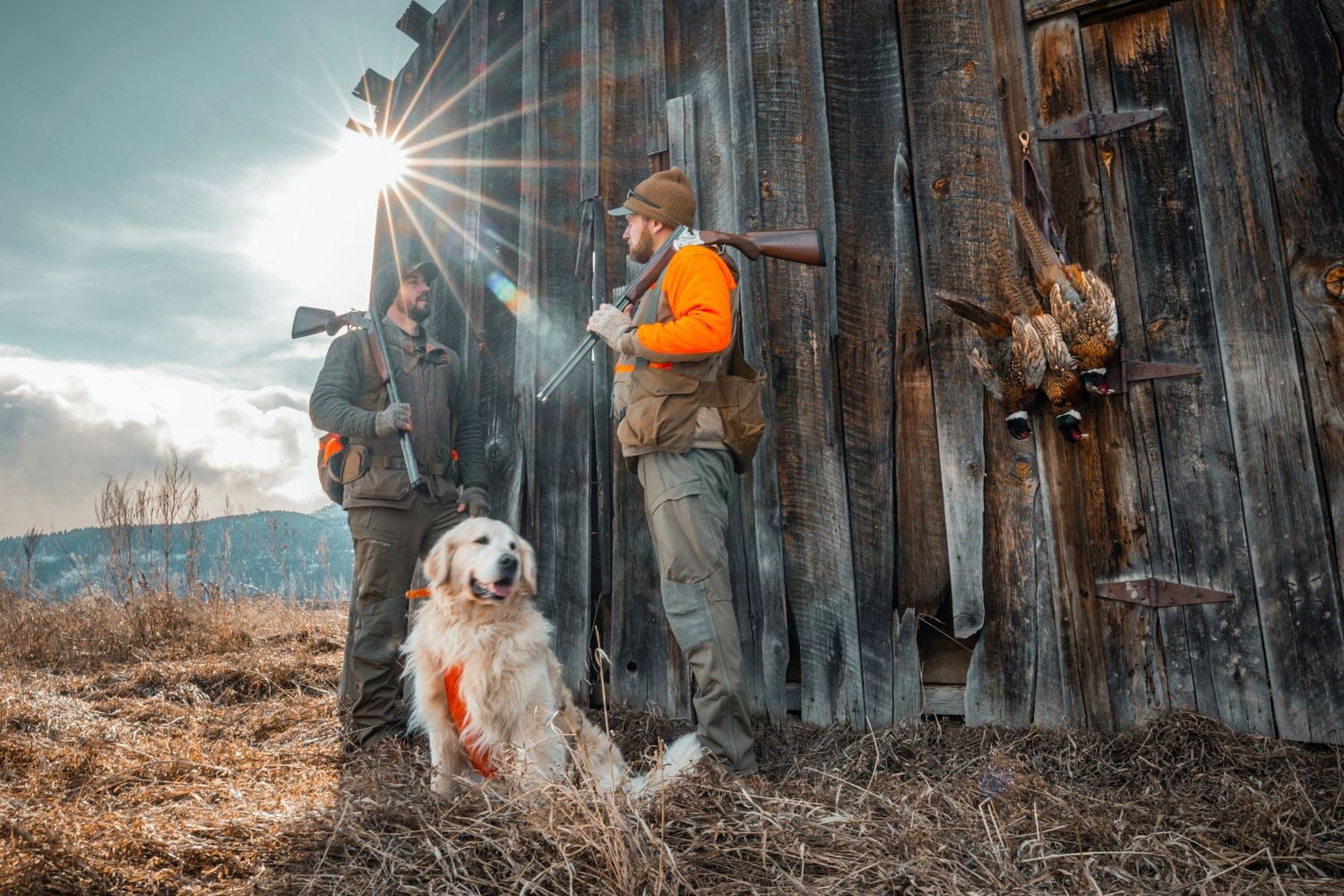 Hunters in orange safety vests with a white dog stand beside a wooden barn as sunlight streams through the boards.