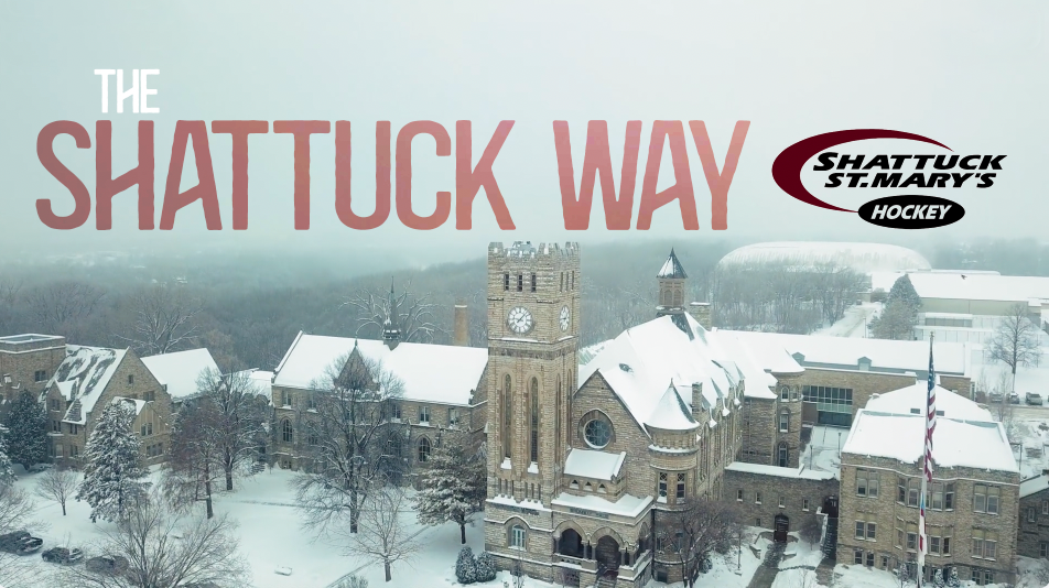 Aerial view of a snowy town with church steeple and 'The Shattuck Way' text overlay.