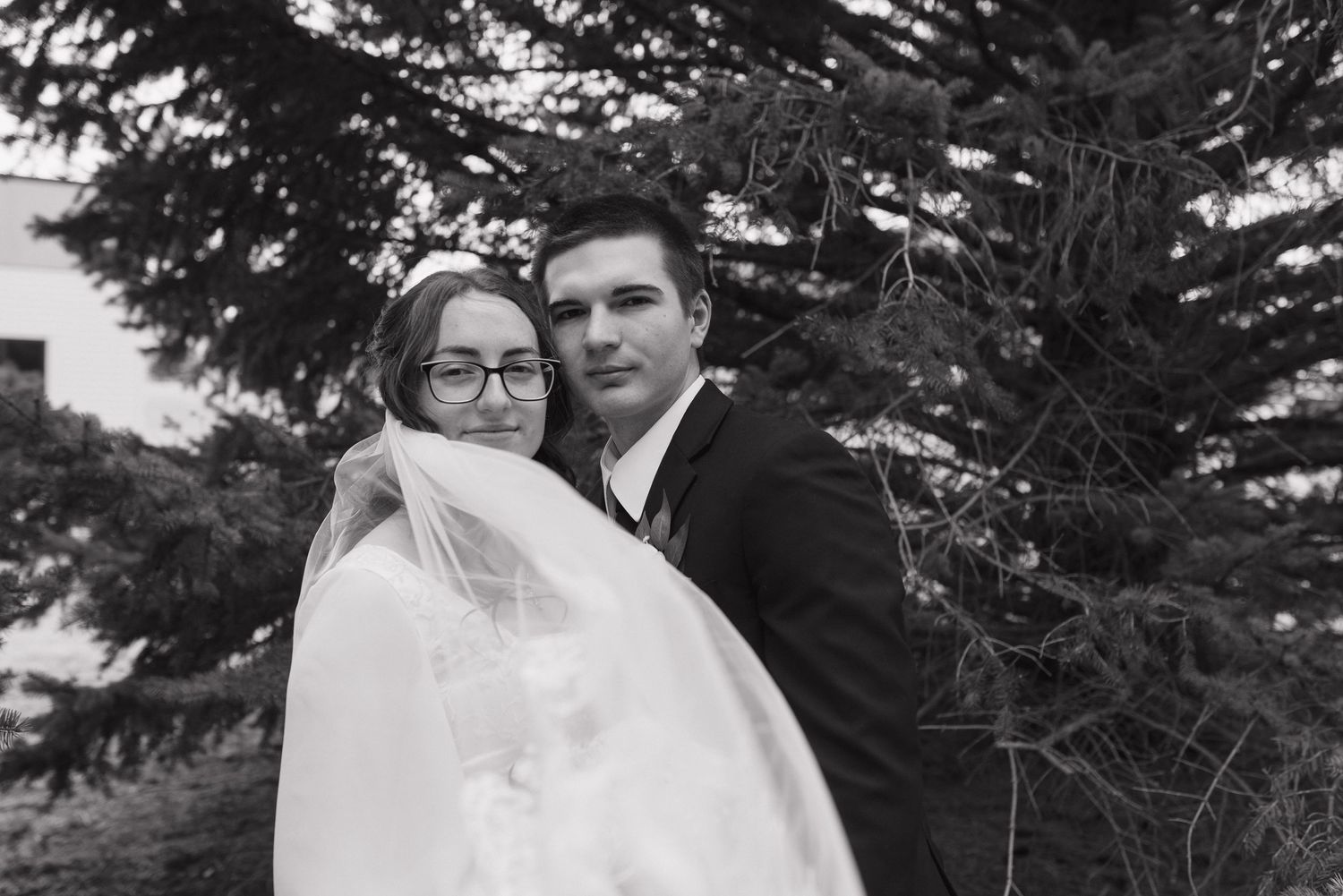 A newlywed couple poses outdoors beneath a pine tree, bride in veil and groom in a dark suit.