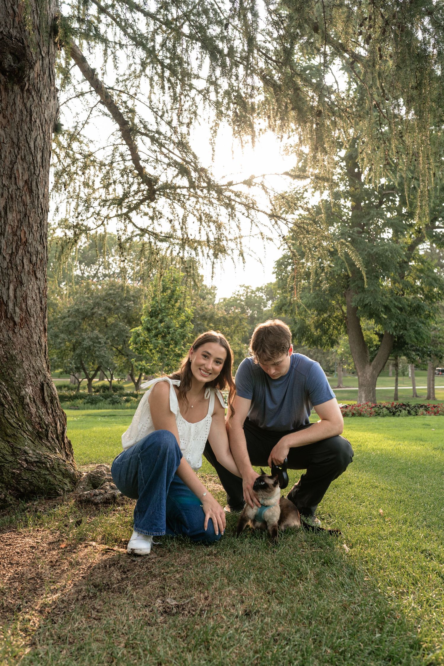 A couple crouching on grass under a large tree in a park, smiling while petting a small dog in golden hour light.