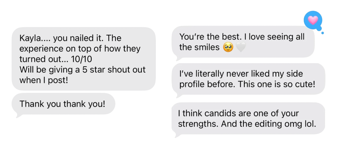 Screenshot of glowing client testimonial texts praising photography skills and editing quality.