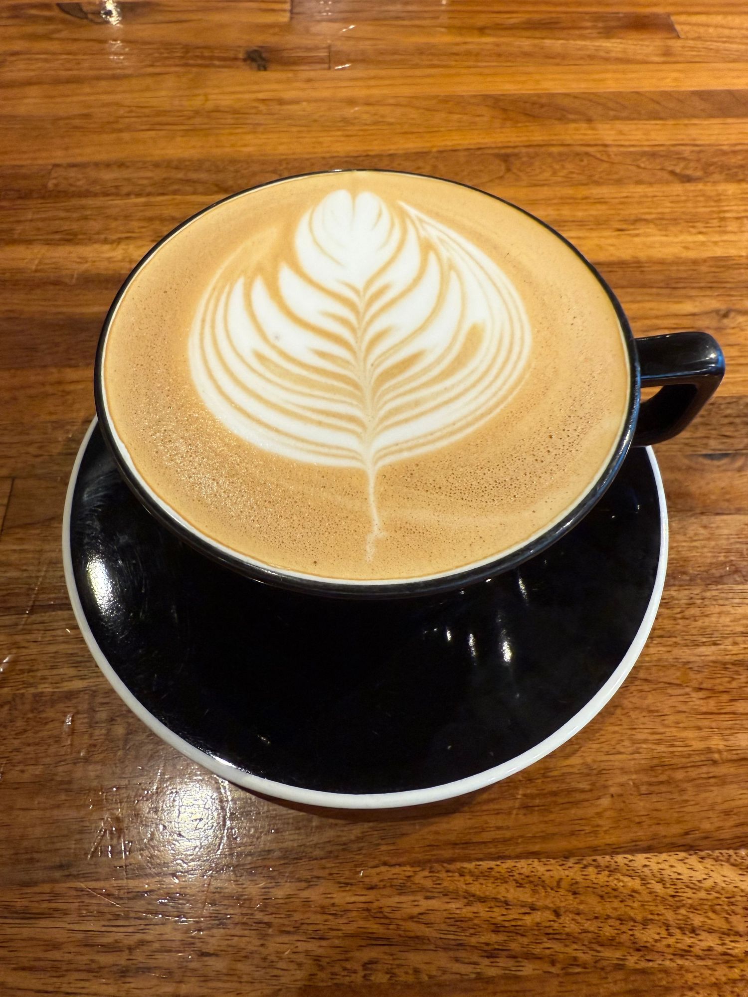 Black cup and saucer with intricate leaf latte art on wooden table.