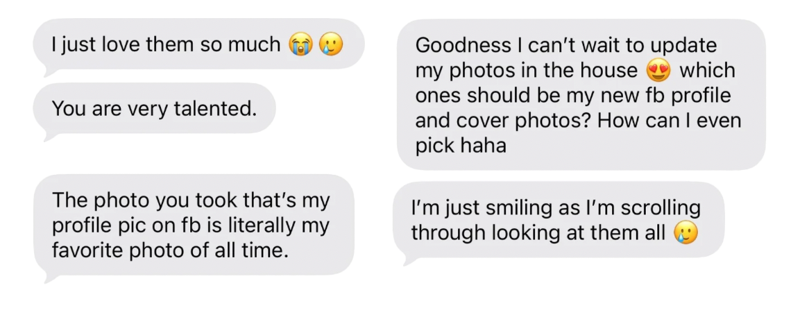 Screenshot of positive client text messages praising photography work and favorite profile photos.