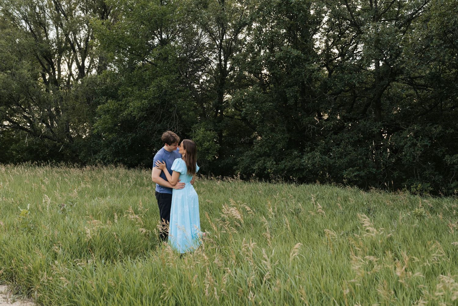 A couple embraces in a green meadow, the woman wearing a flowing light blue dress, with trees behind.