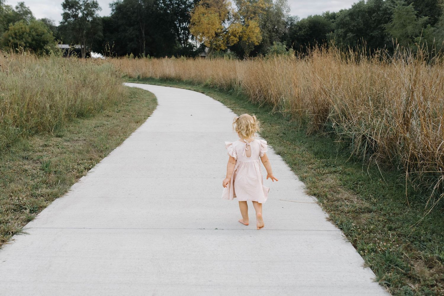 Barefoot toddler girl in a pink dress walking alone down a winding path through tall golden grass.
